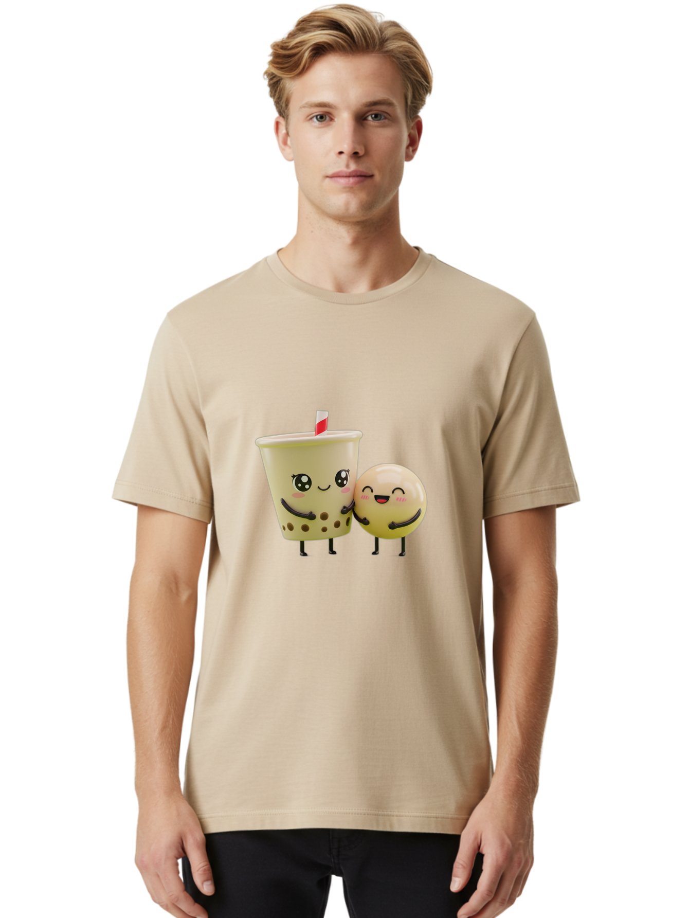 Boba-Friends Men'S Graphic Tee, 100% Cotton, Comfortable Casual Summer Wear, Machine Washable, Boba Tea, Milk Tea, Cartoon Characters, Smiling Faces, Happy Boba, Tea Lovers, Bubble Tea, Cute Illustrations, Friendly Duo, Bubble Tea Culture, Bac648