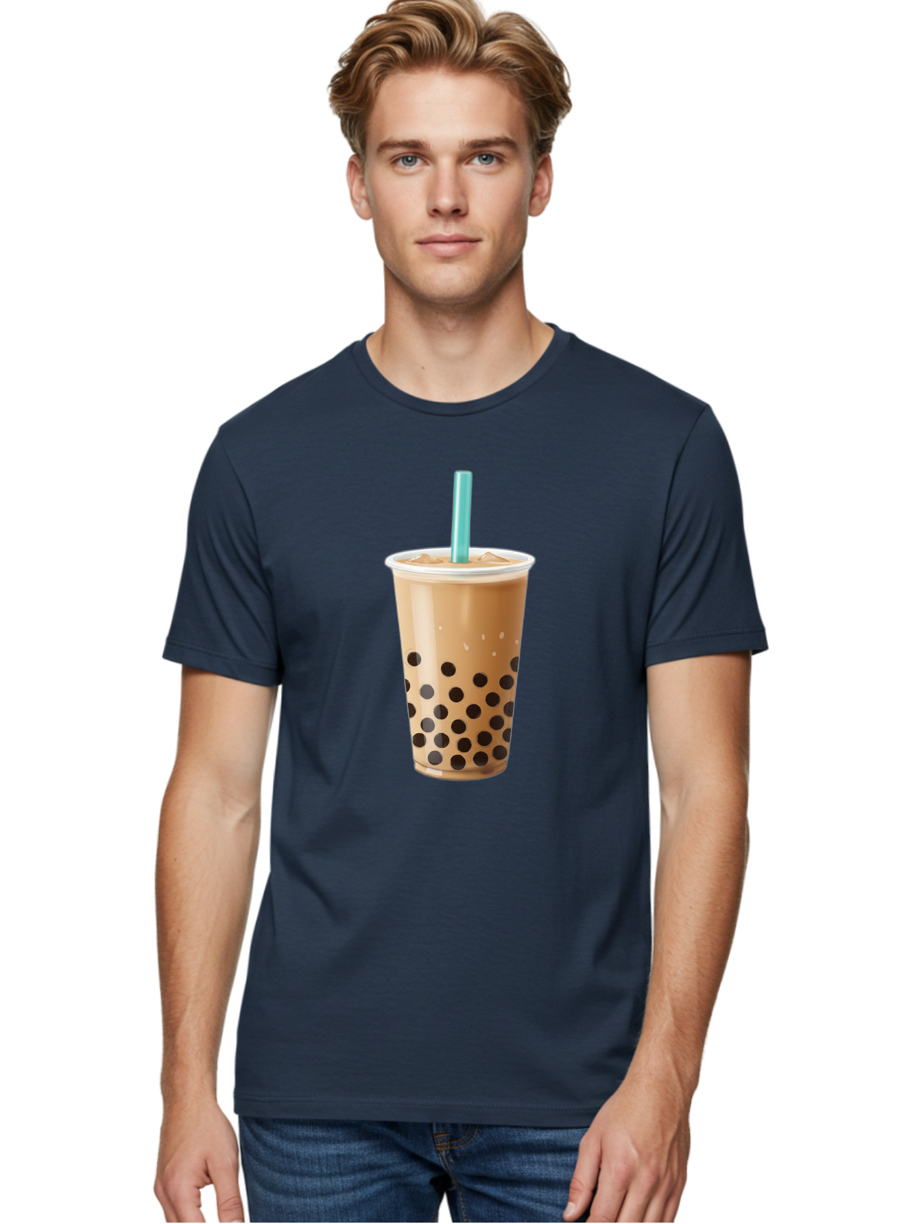 Boba-Milk-Tea Men'S Graphic Tee, 100% Cotton, Comfortable Casual Summer Wear, Machine Washable, Boba Tea, Bubble Milk Tea, Milk Tea, Tapioca Pearls, Iced Tea, Cold Brew, Refreshing Drink, Trendy Beverage, Blue Straw Bac649