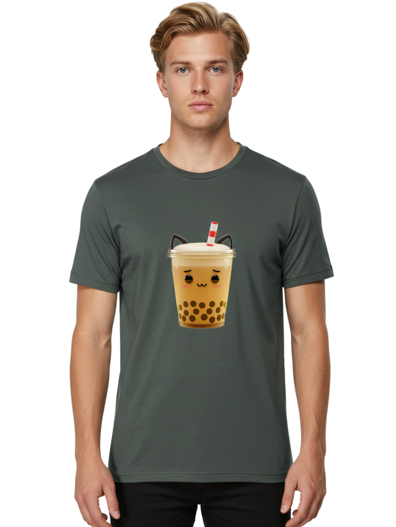Boba-Tea-1 Men'S Graphic Tee, 100% Cotton, Comfortable Casual Summer Wear, Machine Washable, Cute Boba Tea, Kawaii Drink, Bubble Tea, Cartoon Character, Happy Face, Adorable Design, Sweet Treat, Creamy Texture, Tapioca Pearls, Fun Beverage, Bac650