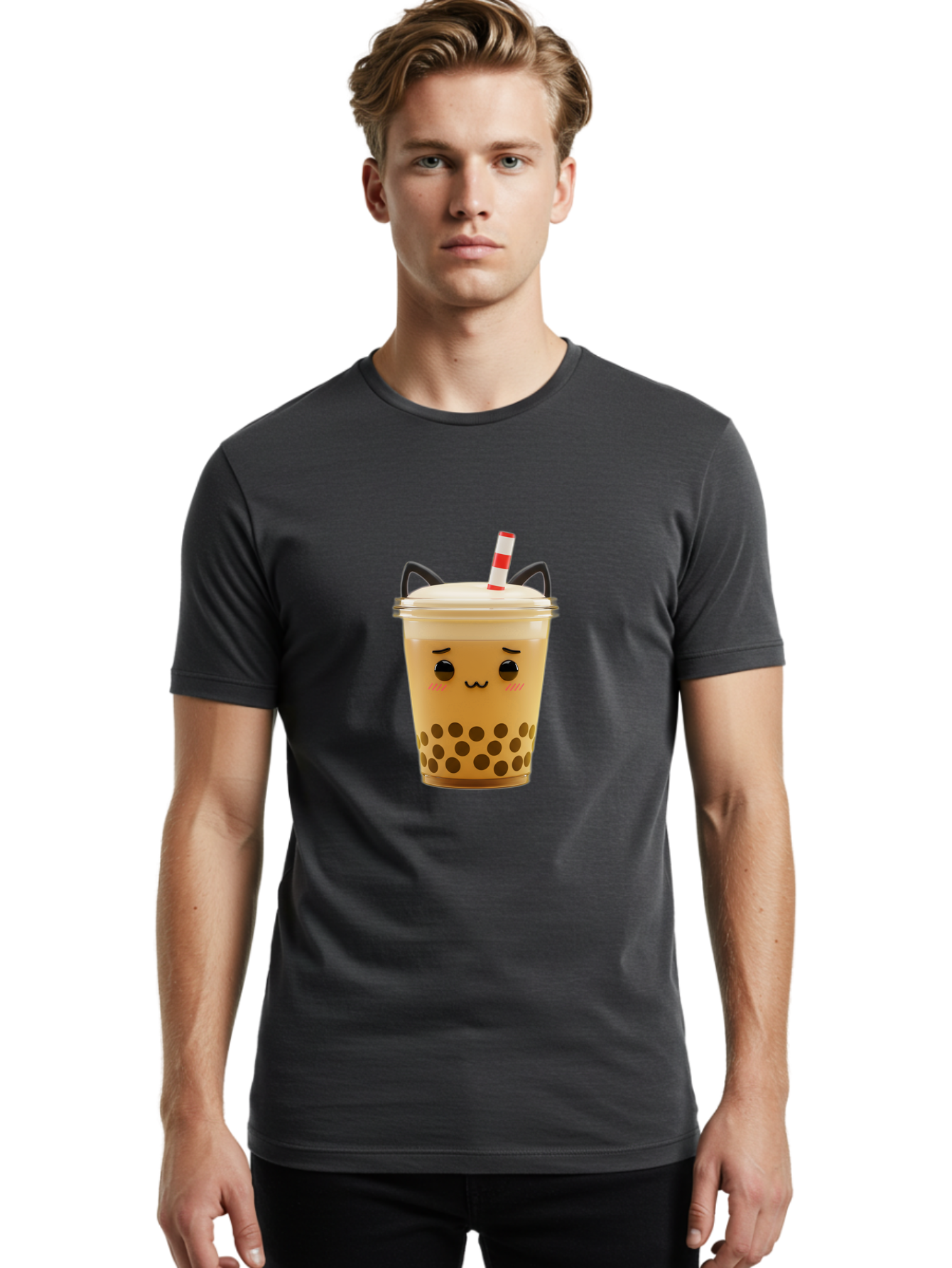 Boba-Tea-1 Men'S Graphic Tee, 100% Cotton, Comfortable Casual Summer Wear, Machine Washable, Cute Boba Tea, Kawaii Drink, Bubble Tea, Cartoon Character, Happy Face, Adorable Design, Sweet Treat, Creamy Texture, Tapioca Pearls, Fun Beverage, Bac650
