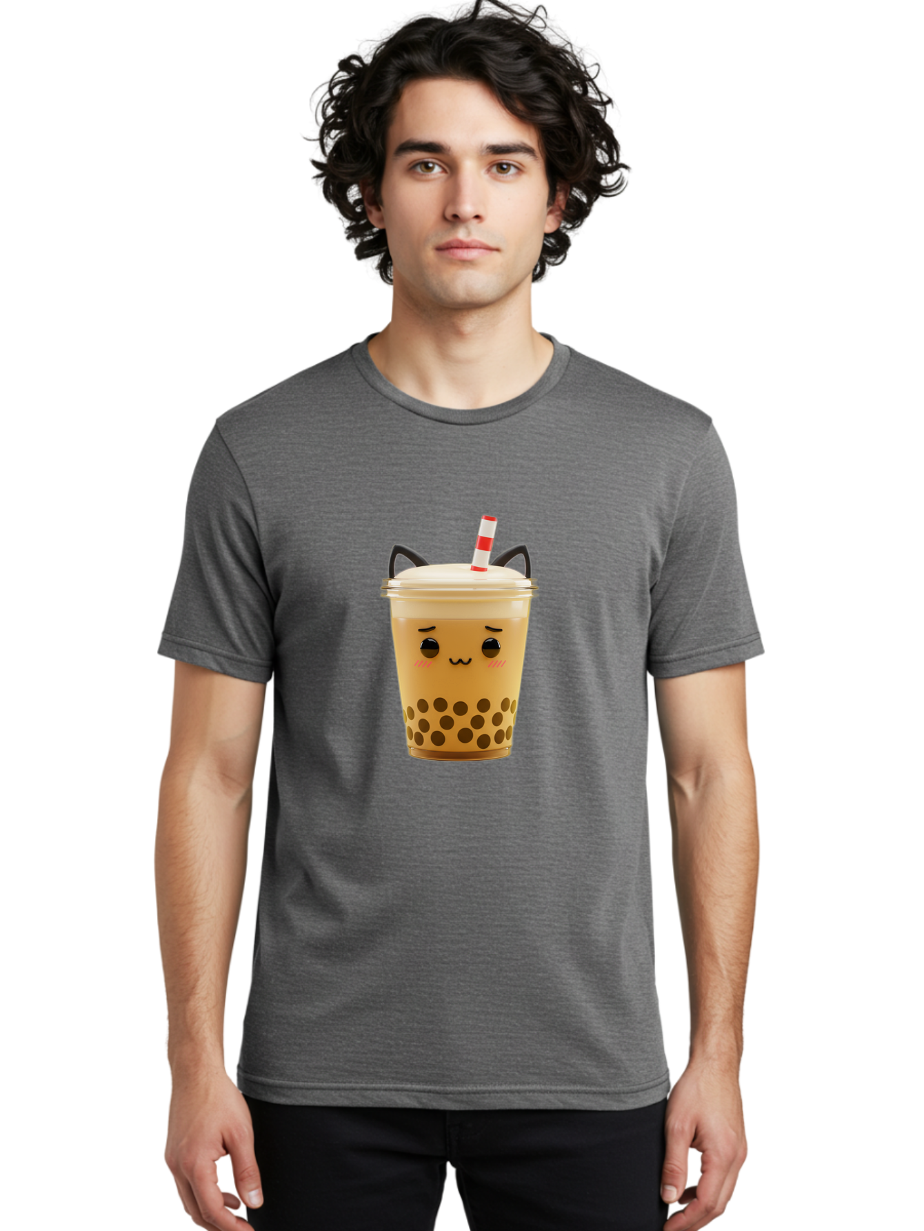 Boba-Tea-1 Men'S Graphic Tee, 100% Cotton, Comfortable Casual Summer Wear, Machine Washable, Cute Boba Tea, Kawaii Drink, Bubble Tea, Cartoon Character, Happy Face, Adorable Design, Sweet Treat, Creamy Texture, Tapioca Pearls, Fun Beverage, Bac650