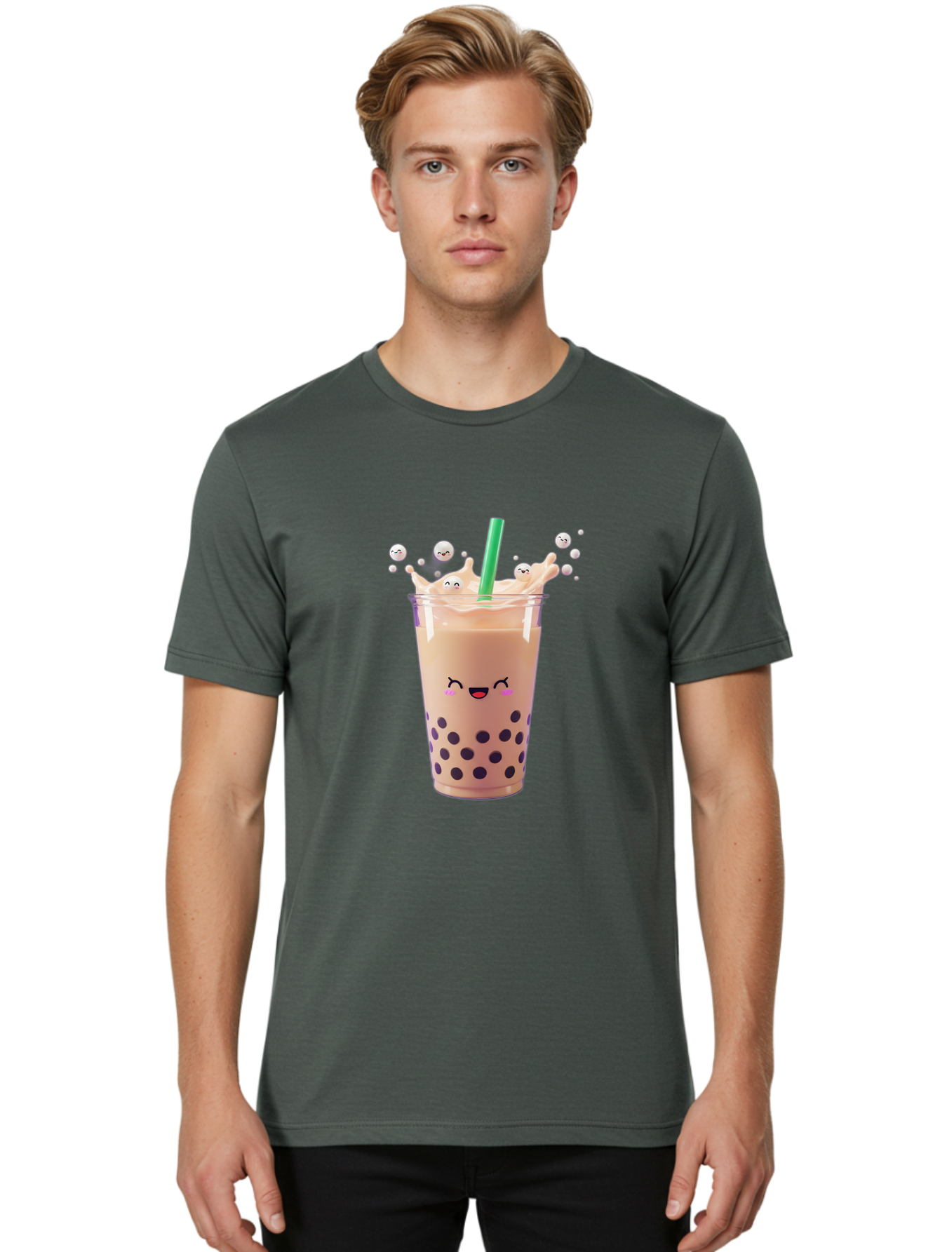 Boba-Tea-10 Men'S Graphic Tee, 100% Cotton, Comfortable Casual Summer Wear, Machine Washable, Milk Tea, Bubble Tea, Boba Drink, Kawaii, Cute, Cartoon Style, Milkshake, Tapioca Pearls Bac651