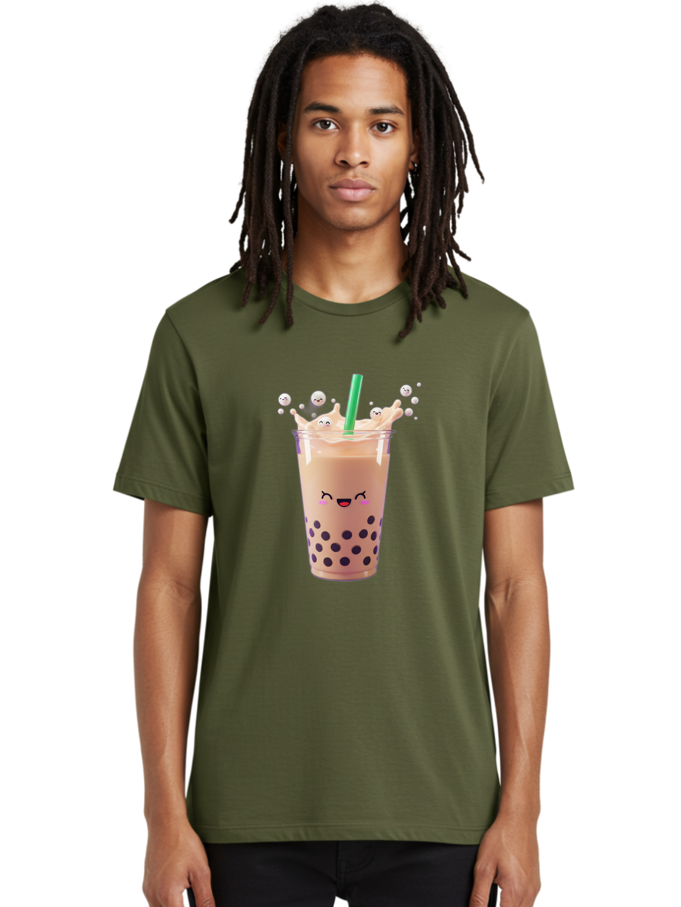 Boba-Tea-10 Men'S Graphic Tee, 100% Cotton, Comfortable Casual Summer Wear, Machine Washable, Milk Tea, Bubble Tea, Boba Drink, Kawaii, Cute, Cartoon Style, Milkshake, Tapioca Pearls Bac651