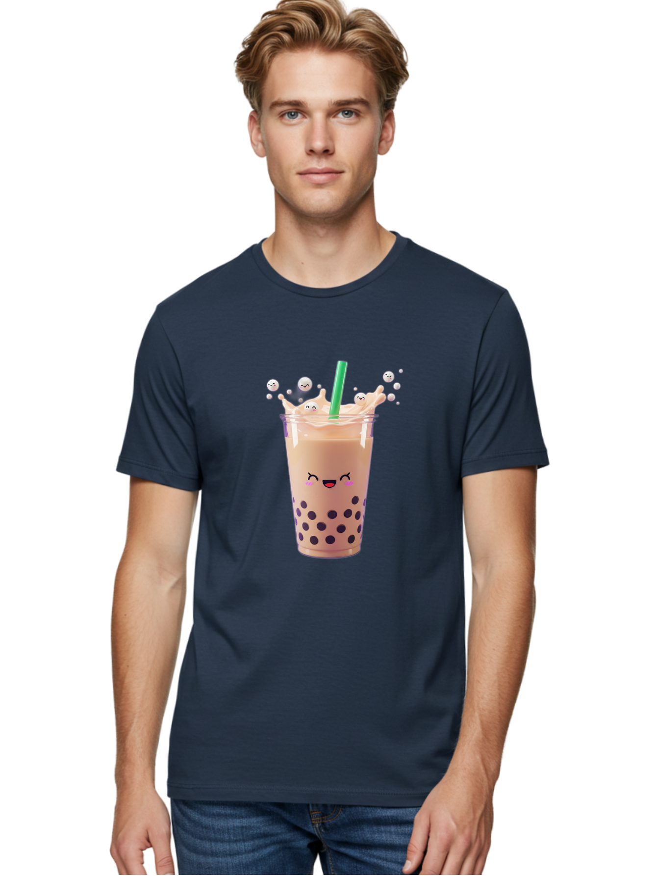 Boba-Tea-10 Men'S Graphic Tee, 100% Cotton, Comfortable Casual Summer Wear, Machine Washable, Milk Tea, Bubble Tea, Boba Drink, Kawaii, Cute, Cartoon Style, Milkshake, Tapioca Pearls Bac651