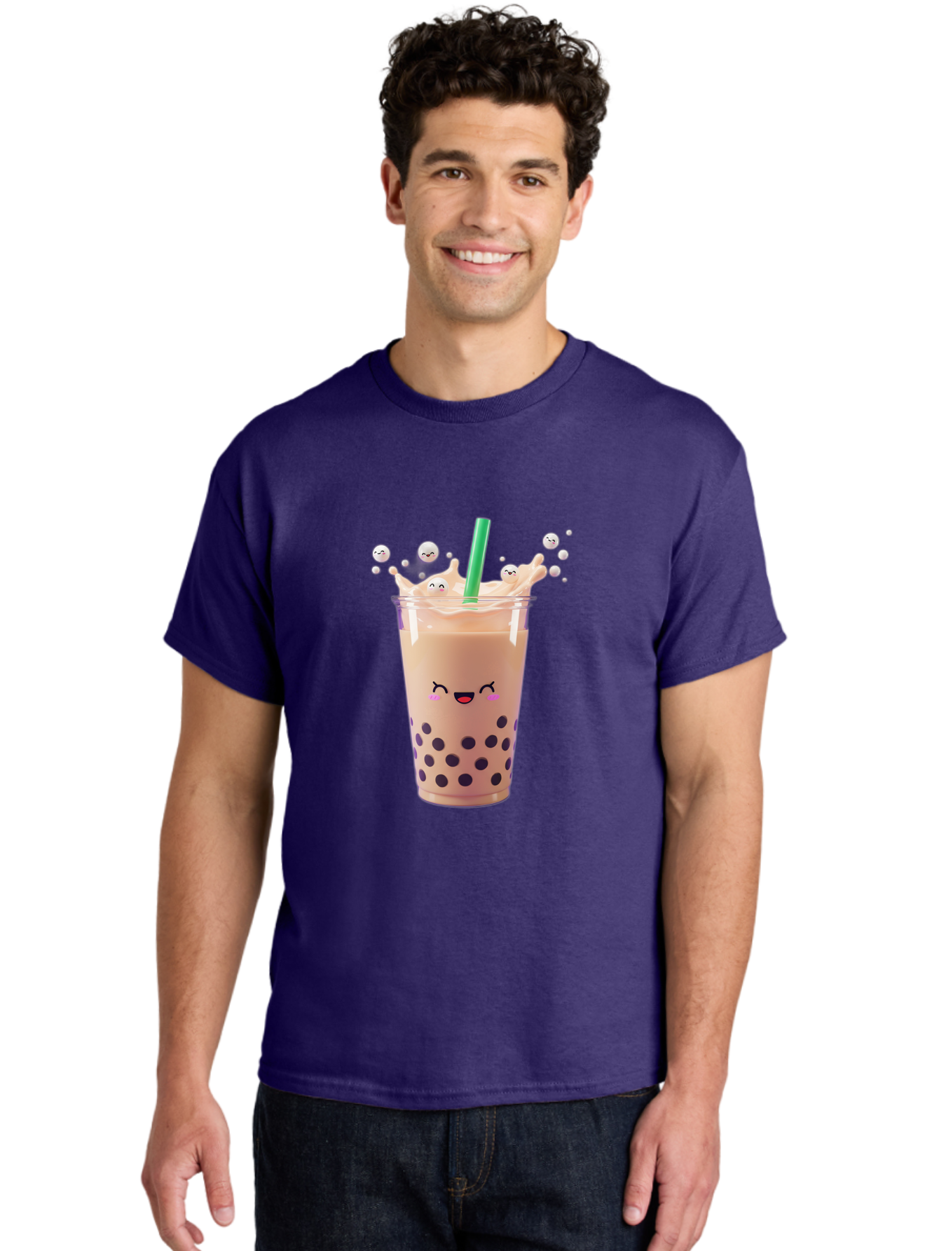 Boba-Tea-10 Men'S Graphic Tee, 100% Cotton, Comfortable Casual Summer Wear, Machine Washable, Milk Tea, Bubble Tea, Boba Drink, Kawaii, Cute, Cartoon Style, Milkshake, Tapioca Pearls Bac651