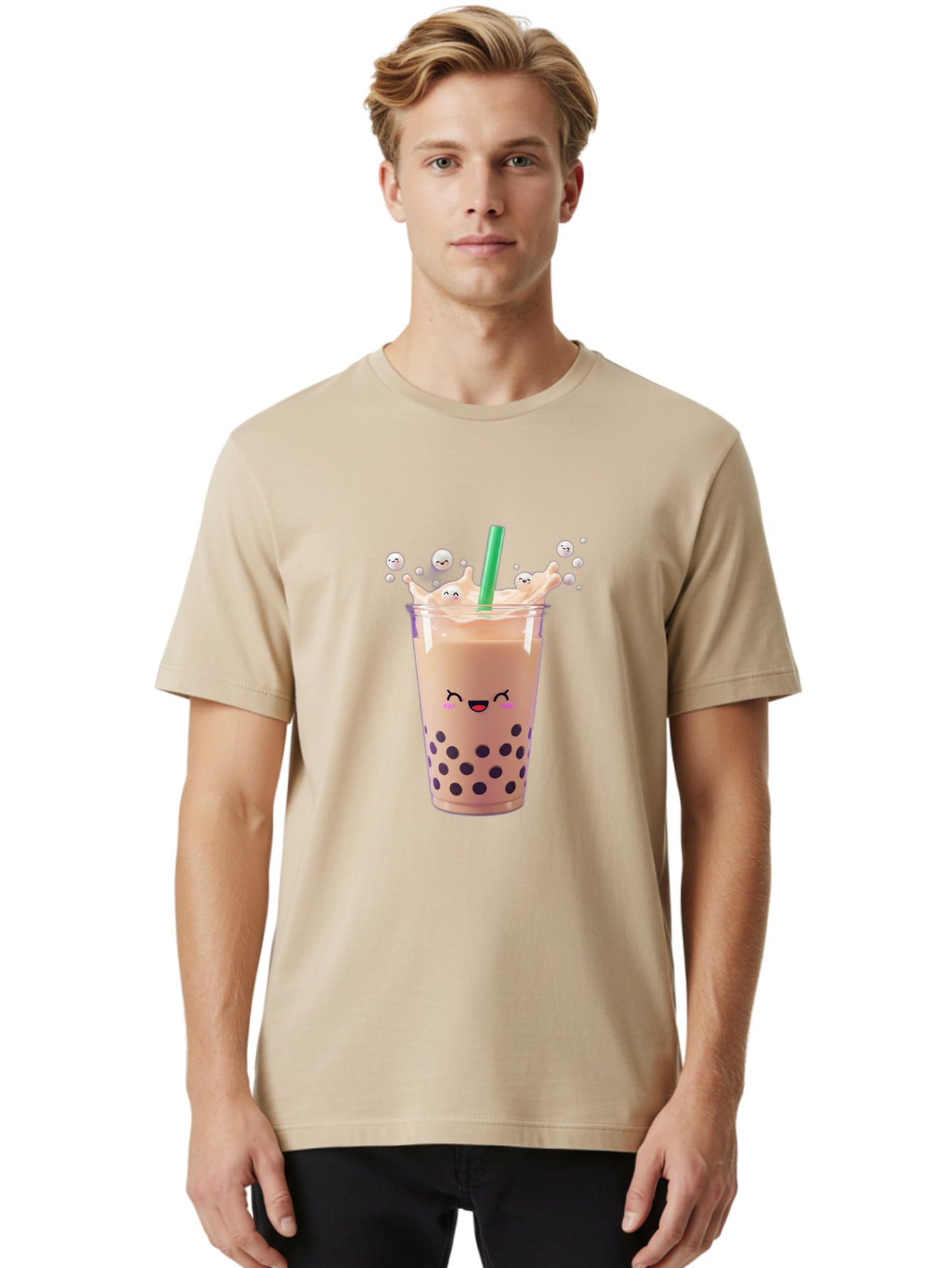 Boba-Tea-10 Men'S Graphic Tee, 100% Cotton, Comfortable Casual Summer Wear, Machine Washable, Milk Tea, Bubble Tea, Boba Drink, Kawaii, Cute, Cartoon Style, Milkshake, Tapioca Pearls Bac651