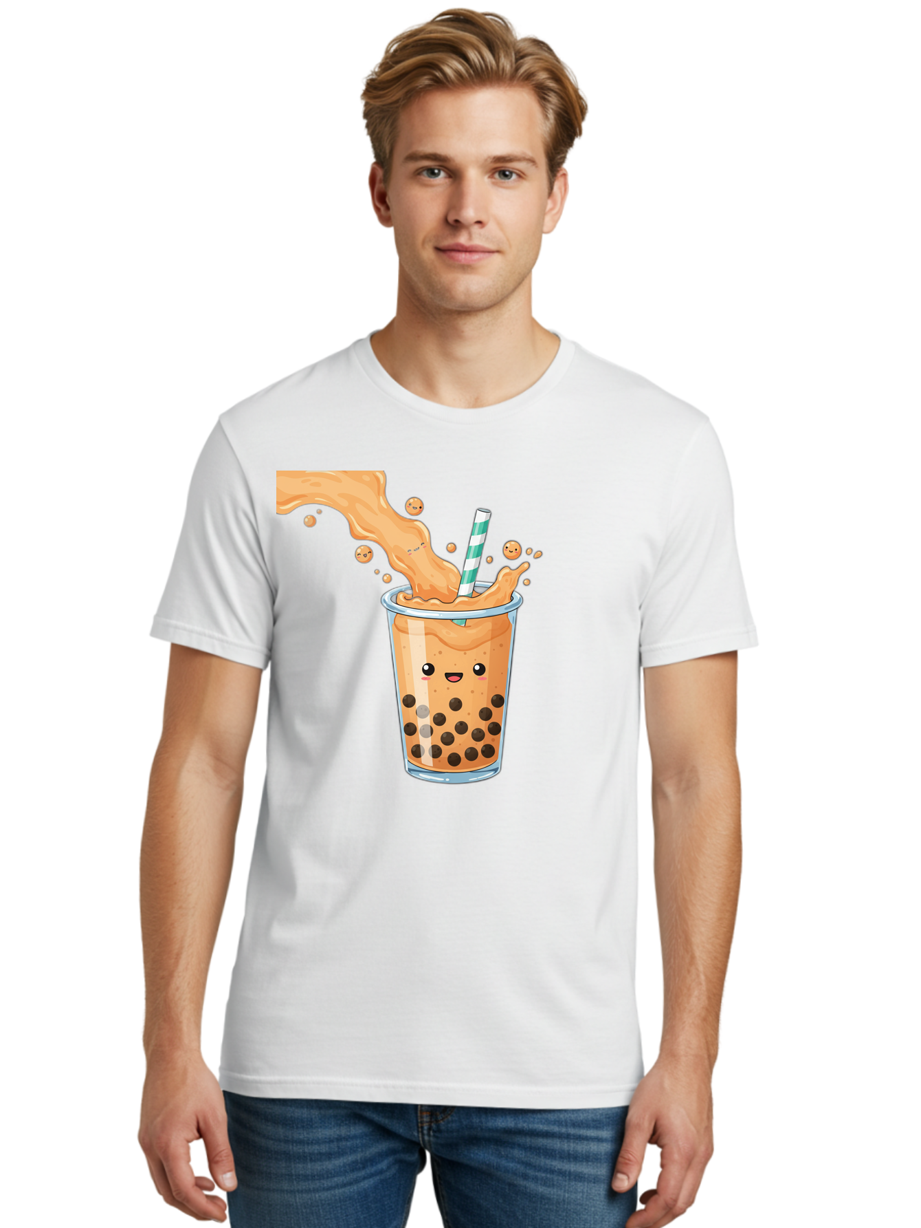 Boba-Tea-11 Men'S Graphic Tee, 100% Cotton, Comfortable Casual Summer Wear, Machine Washable, Boba Tea, Milk Tea, Bubble Tea, Tapioca Pearls, Cartoon Illustration, Refreshing Drink, Tea Time, Kawaii Culture, Fun Beverage Bac652