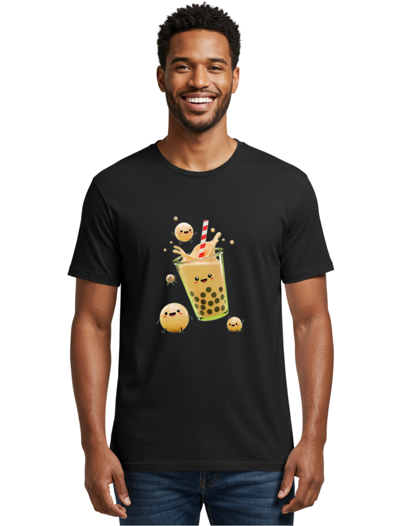 Boba-Tea-12 Men'S Graphic Tee, 100% Cotton, Comfortable Casual Summer Wear, Machine Washable, Bubble Tea Drink, Cartoon Bubbles, Smiling Faces, Fun Beverage, Playful Illustration, Boba Tea, Happy Characters, Animated Drink Bac653