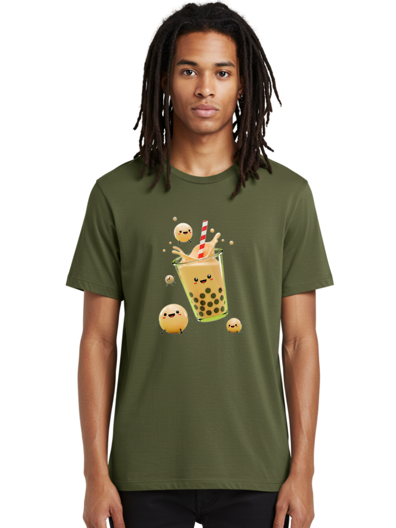 Boba-Tea-12 Men'S Graphic Tee, 100% Cotton, Comfortable Casual Summer Wear, Machine Washable, Bubble Tea Drink, Cartoon Bubbles, Smiling Faces, Fun Beverage, Playful Illustration, Boba Tea, Happy Characters, Animated Drink Bac653