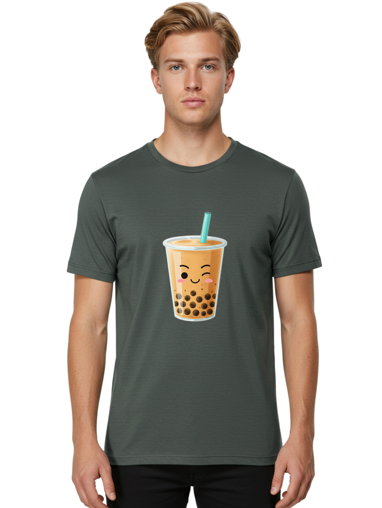 Boba-Tea-15 Men'S Graphic Tee, 100% Cotton, Comfortable Casual Summer Wear, Machine Washable, Boba Tea, Milk Tea, Bubble Tea, Kawaii Drink, Cute Straw, Plastic Cup, Black Boba, Tea Time, Winking Face, Rosy Cheeks, Black Boba Pearls, Bac656