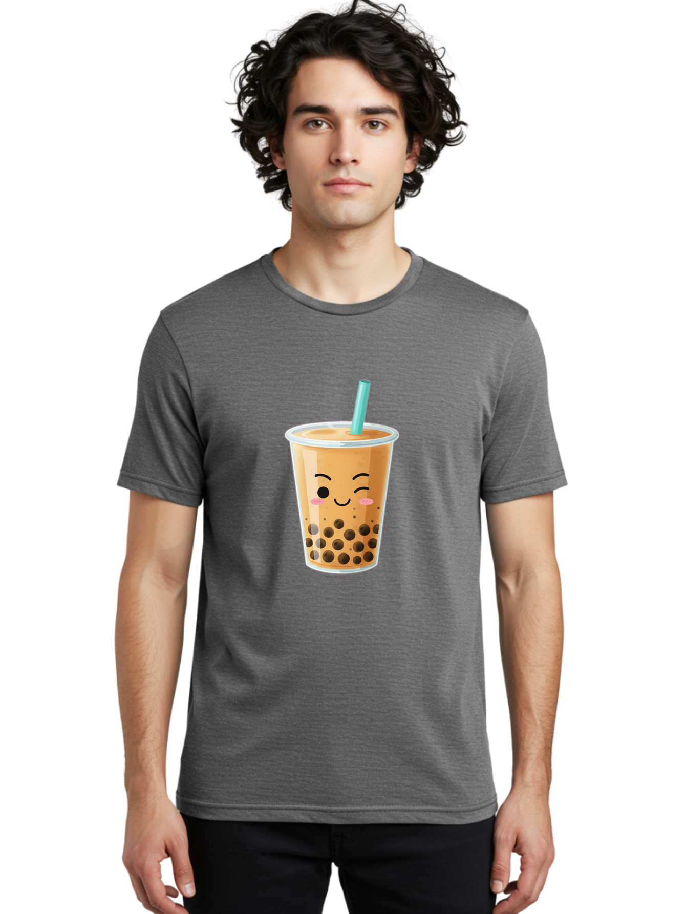 Boba-Tea-15 Men'S Graphic Tee, 100% Cotton, Comfortable Casual Summer Wear, Machine Washable, Boba Tea, Milk Tea, Bubble Tea, Kawaii Drink, Cute Straw, Plastic Cup, Black Boba, Tea Time, Winking Face, Rosy Cheeks, Black Boba Pearls, Bac656