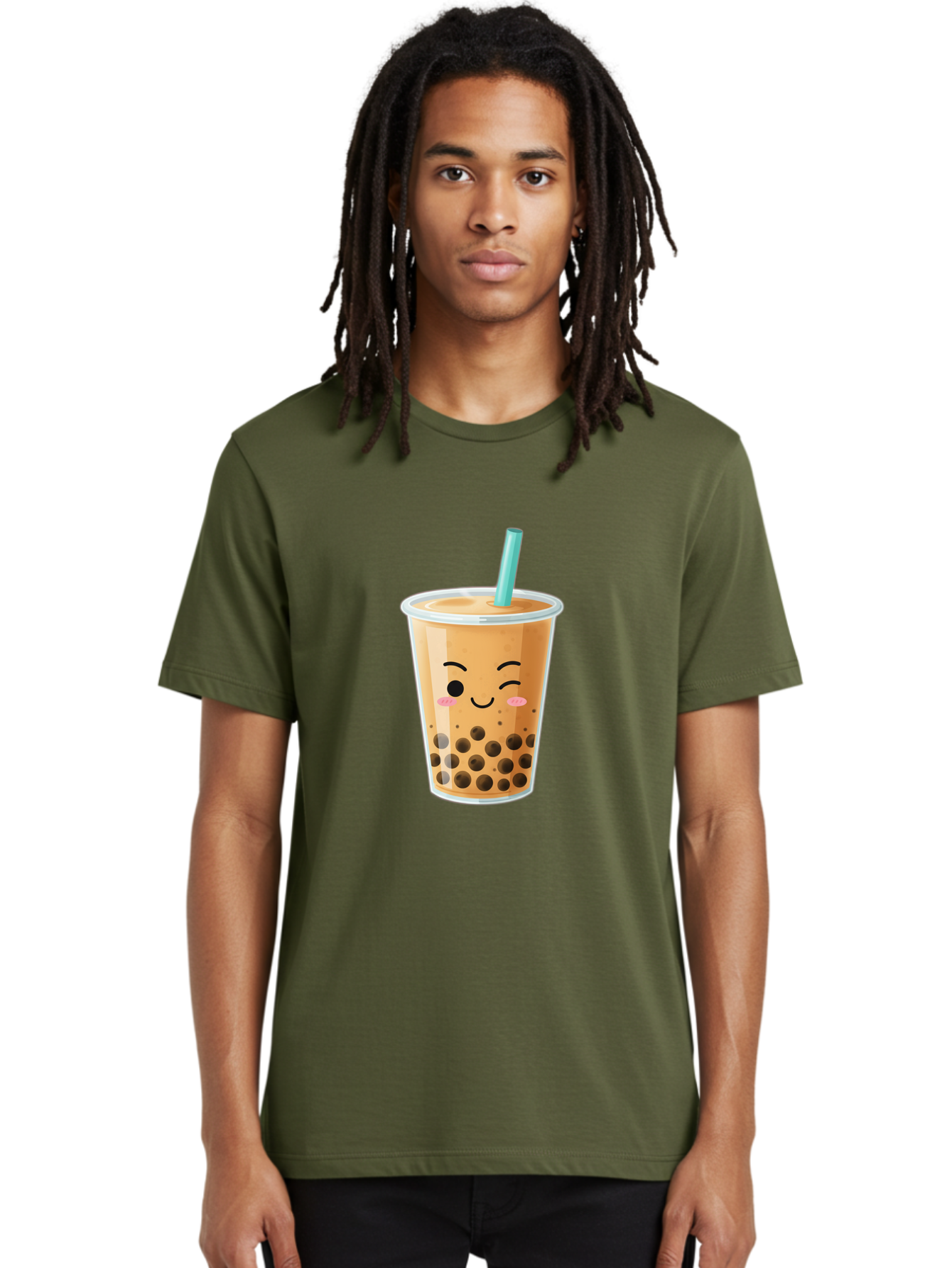 Boba-Tea-15 Men'S Graphic Tee, 100% Cotton, Comfortable Casual Summer Wear, Machine Washable, Boba Tea, Milk Tea, Bubble Tea, Kawaii Drink, Cute Straw, Plastic Cup, Black Boba, Tea Time, Winking Face, Rosy Cheeks, Black Boba Pearls, Bac656