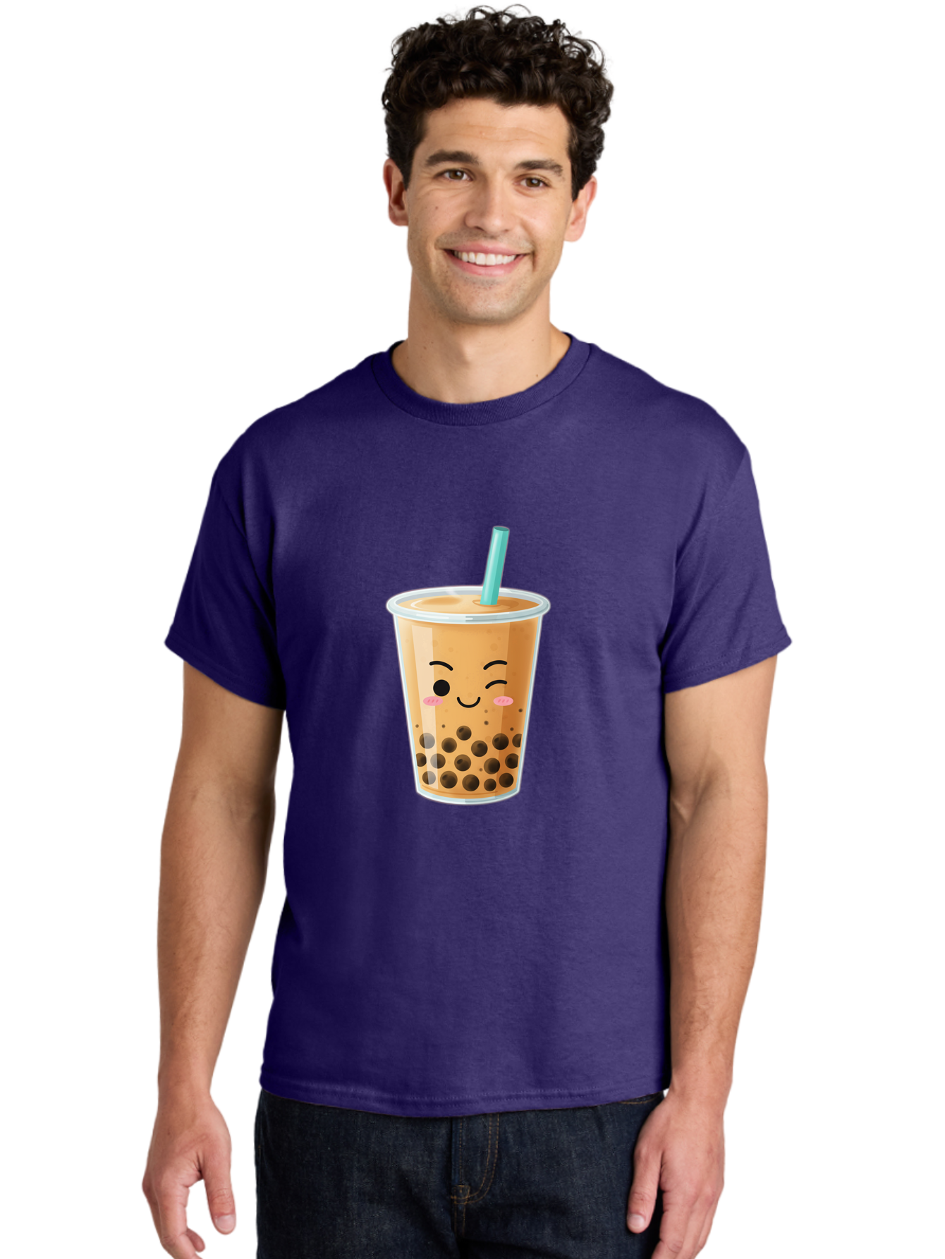 Boba-Tea-15 Men'S Graphic Tee, 100% Cotton, Comfortable Casual Summer Wear, Machine Washable, Boba Tea, Milk Tea, Bubble Tea, Kawaii Drink, Cute Straw, Plastic Cup, Black Boba, Tea Time, Winking Face, Rosy Cheeks, Black Boba Pearls, Bac656