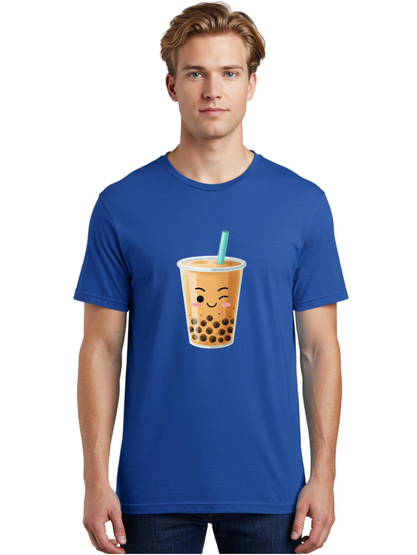Boba-Tea-15 Men'S Graphic Tee, 100% Cotton, Comfortable Casual Summer Wear, Machine Washable, Boba Tea, Milk Tea, Bubble Tea, Kawaii Drink, Cute Straw, Plastic Cup, Black Boba, Tea Time, Winking Face, Rosy Cheeks, Black Boba Pearls, Bac656