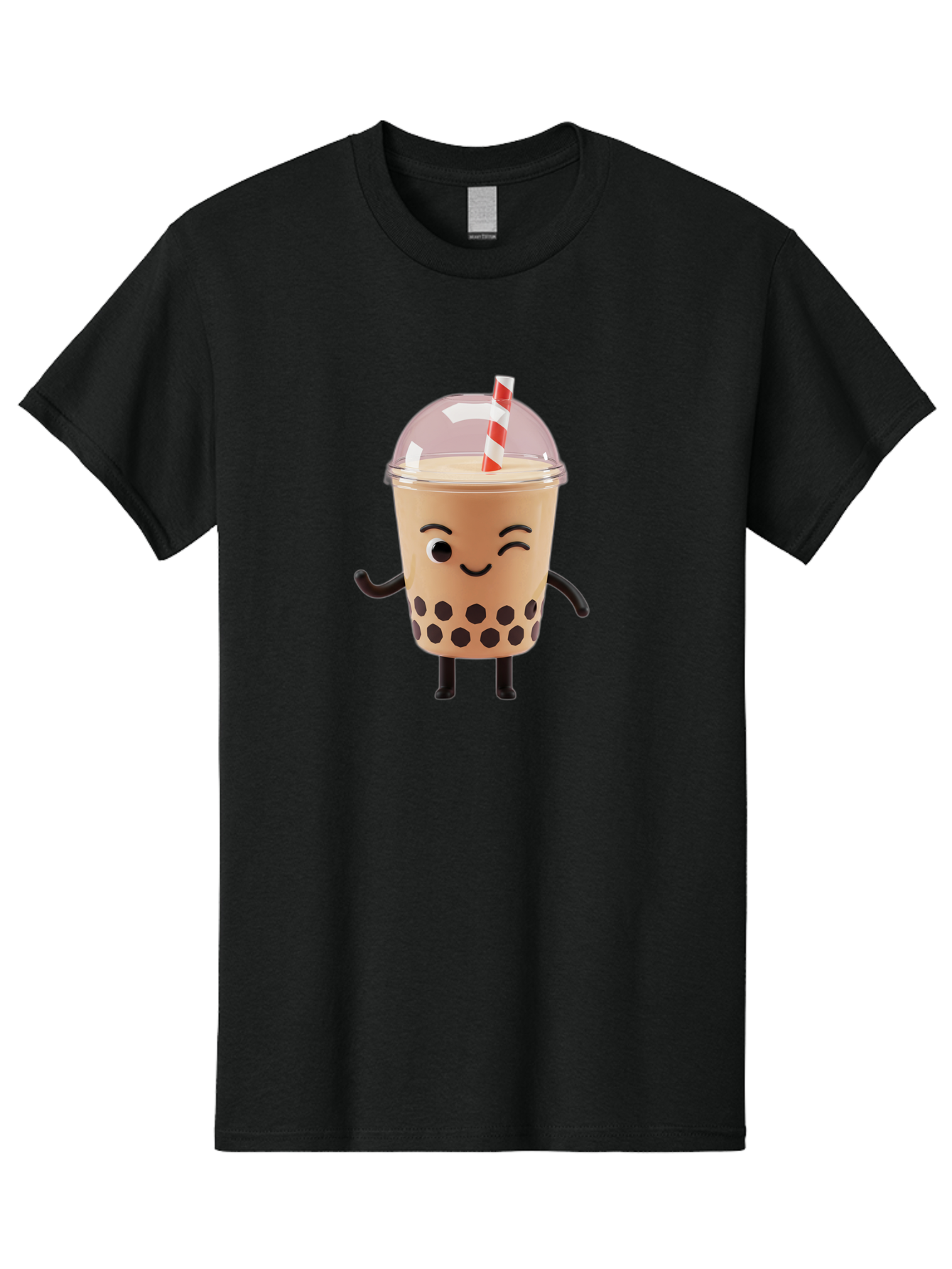 Boba-Tea-16 Men'S Graphic Tee, 100% Cotton, Comfortable Casual Summer Wear, Machine Washable, Boba Tea, Milk Tea, Bubble Tea, Cartoon Character, Smiling Face, Black Bobas, Red And White Straw, Tea Cup Bac657