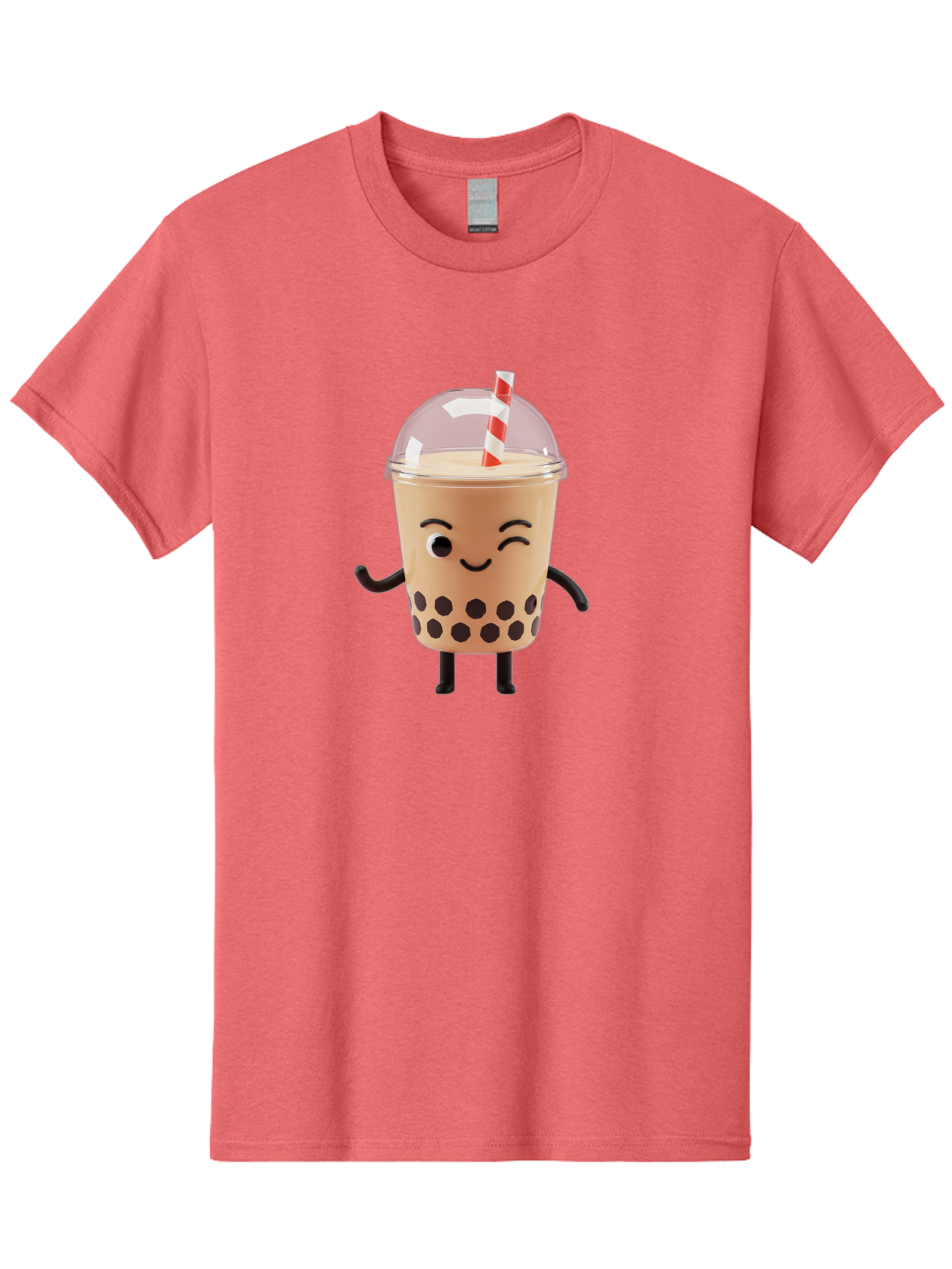 Boba-Tea-16 Men'S Graphic Tee, 100% Cotton, Comfortable Casual Summer Wear, Machine Washable, Boba Tea, Milk Tea, Bubble Tea, Cartoon Character, Smiling Face, Black Bobas, Red And White Straw, Tea Cup Bac657