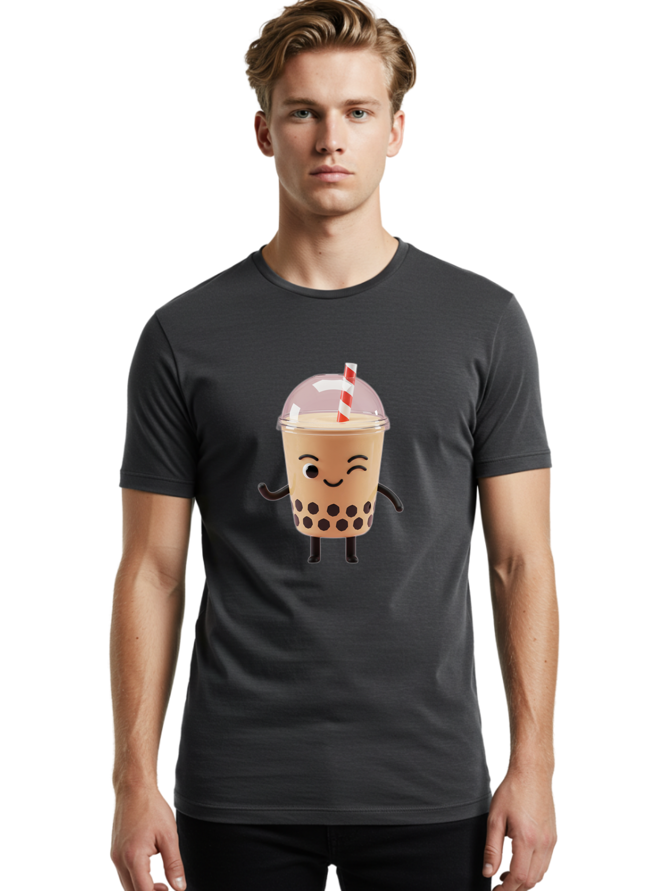 Boba-Tea-16 Men'S Graphic Tee, 100% Cotton, Comfortable Casual Summer Wear, Machine Washable, Boba Tea, Milk Tea, Bubble Tea, Cartoon Character, Smiling Face, Black Bobas, Red And White Straw, Tea Cup Bac657
