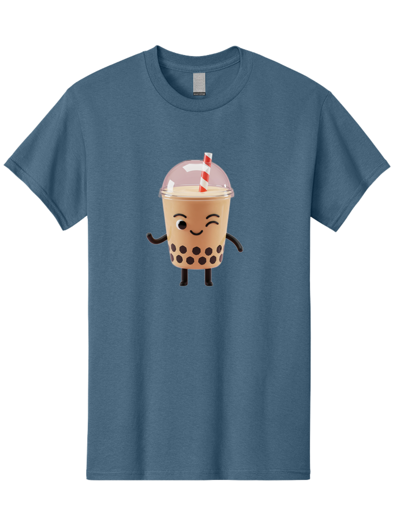 Boba-Tea-16 Men'S Graphic Tee, 100% Cotton, Comfortable Casual Summer Wear, Machine Washable, Boba Tea, Milk Tea, Bubble Tea, Cartoon Character, Smiling Face, Black Bobas, Red And White Straw, Tea Cup Bac657