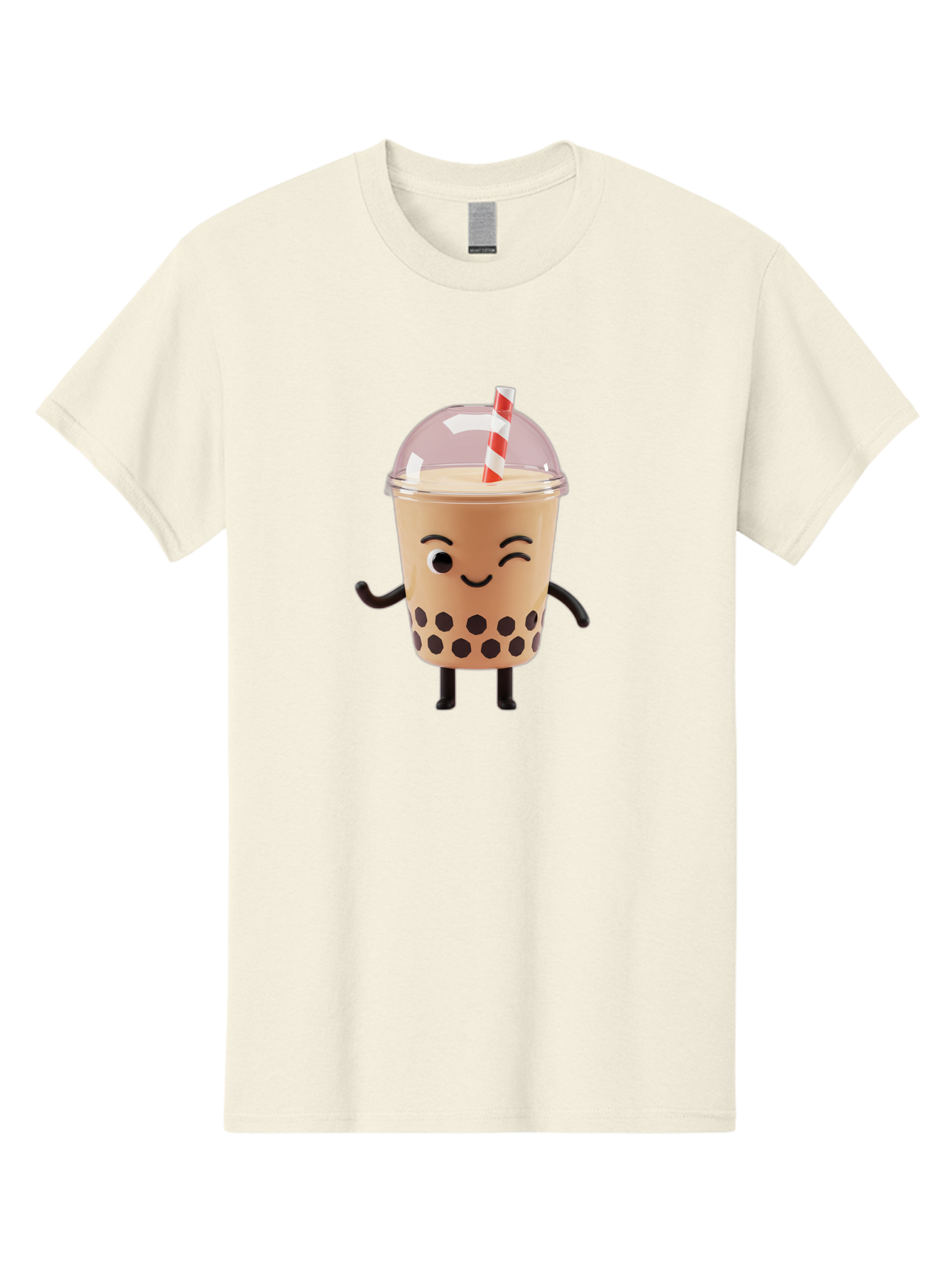Boba-Tea-16 Men'S Graphic Tee, 100% Cotton, Comfortable Casual Summer Wear, Machine Washable, Boba Tea, Milk Tea, Bubble Tea, Cartoon Character, Smiling Face, Black Bobas, Red And White Straw, Tea Cup Bac657