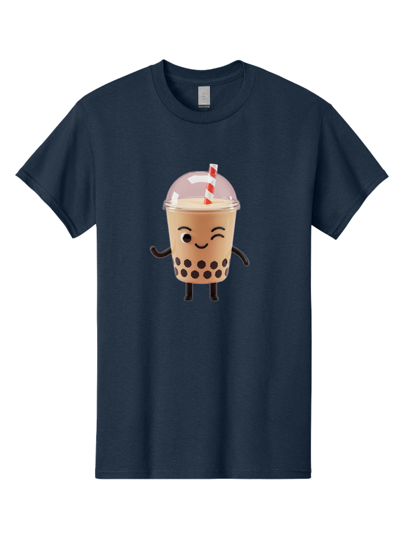 Boba-Tea-16 Men'S Graphic Tee, 100% Cotton, Comfortable Casual Summer Wear, Machine Washable, Boba Tea, Milk Tea, Bubble Tea, Cartoon Character, Smiling Face, Black Bobas, Red And White Straw, Tea Cup Bac657