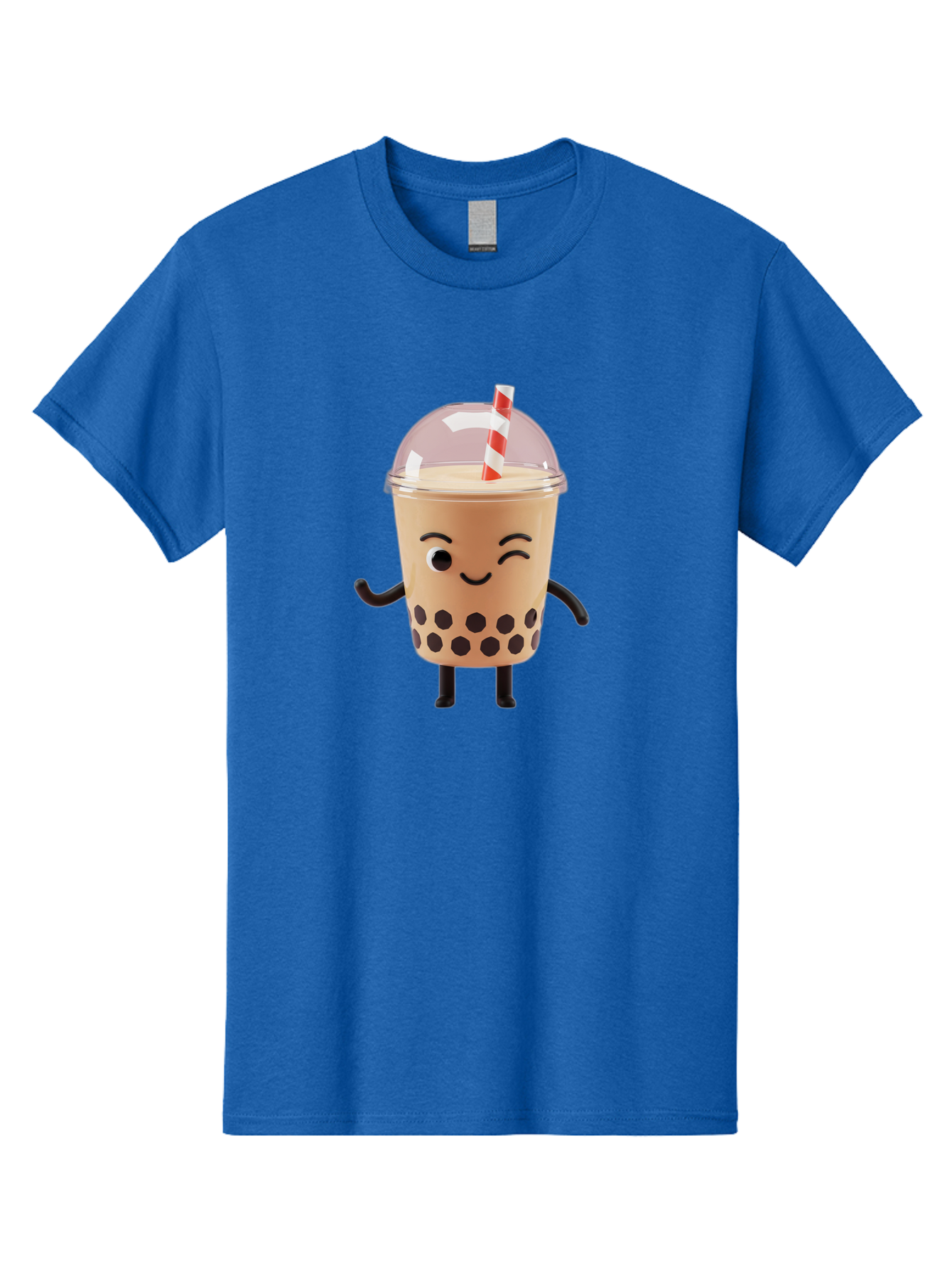 Boba-Tea-16 Men'S Graphic Tee, 100% Cotton, Comfortable Casual Summer Wear, Machine Washable, Boba Tea, Milk Tea, Bubble Tea, Cartoon Character, Smiling Face, Black Bobas, Red And White Straw, Tea Cup Bac657
