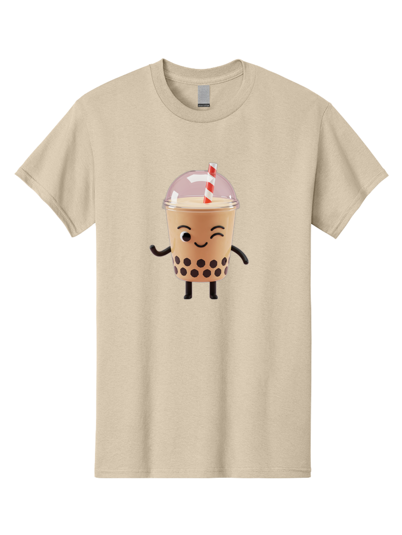 Boba-Tea-16 Men'S Graphic Tee, 100% Cotton, Comfortable Casual Summer Wear, Machine Washable, Boba Tea, Milk Tea, Bubble Tea, Cartoon Character, Smiling Face, Black Bobas, Red And White Straw, Tea Cup Bac657