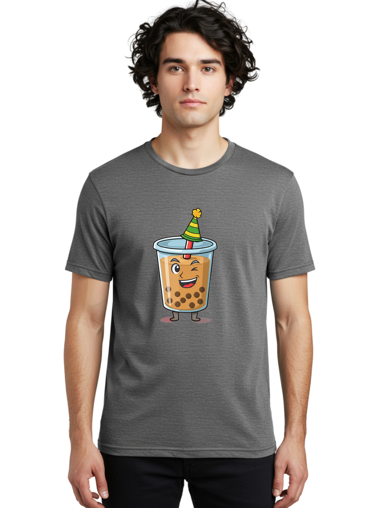 Boba-Tea-17 Men'S Graphic Tee, 100% Cotton, Comfortable Casual Summer Wear, Machine Washable, Cartoon Bubble Tea, Party Hat, Festive Boba, Smiling Drink, Fun Beverage, Animated Character, Cute Boba Tea Bac658