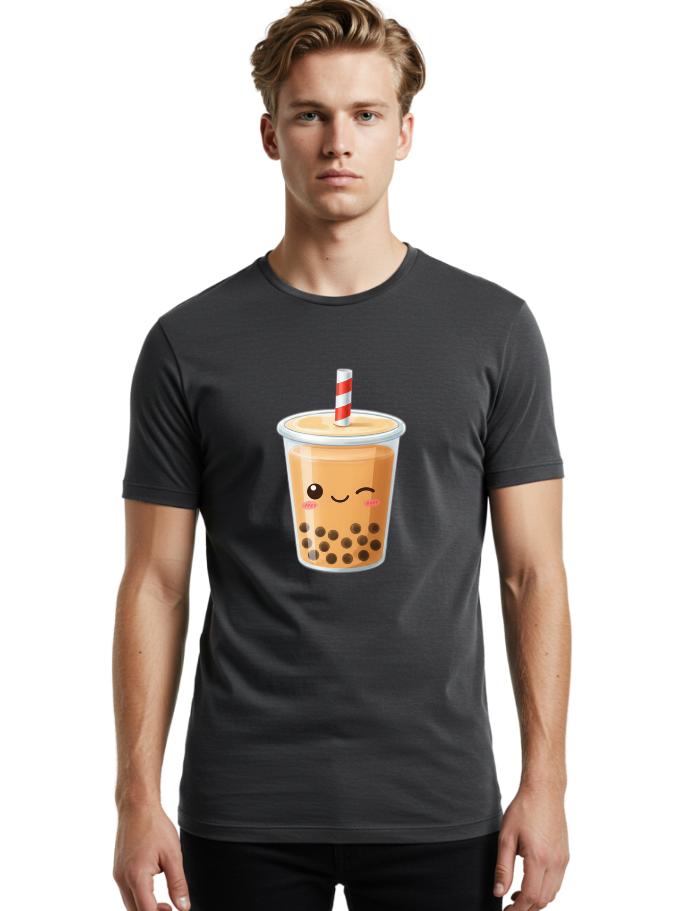 Boba-Tea-18 Men'S Graphic Tee, 100% Cotton, Comfortable Casual Summer Wear, Machine Washable, Boba Tea, Milk Tea, Cartoon Character, Cute Drink, Bubble Tea With Straw, Smiling Face, Adorable Beverage, Boba, Tea Lover Bac659