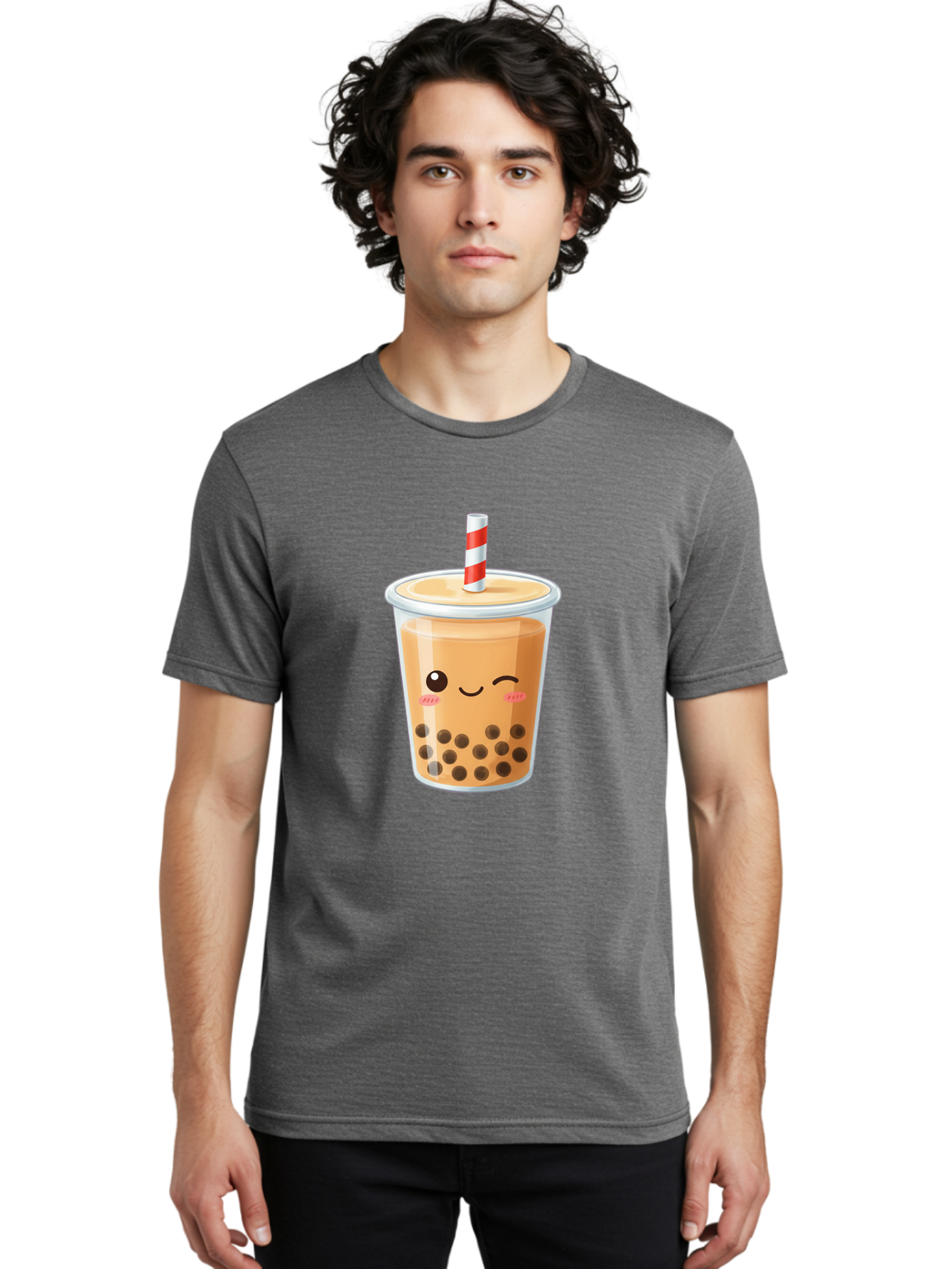 Boba-Tea-18 Men'S Graphic Tee, 100% Cotton, Comfortable Casual Summer Wear, Machine Washable, Boba Tea, Milk Tea, Cartoon Character, Cute Drink, Bubble Tea With Straw, Smiling Face, Adorable Beverage, Boba, Tea Lover Bac659