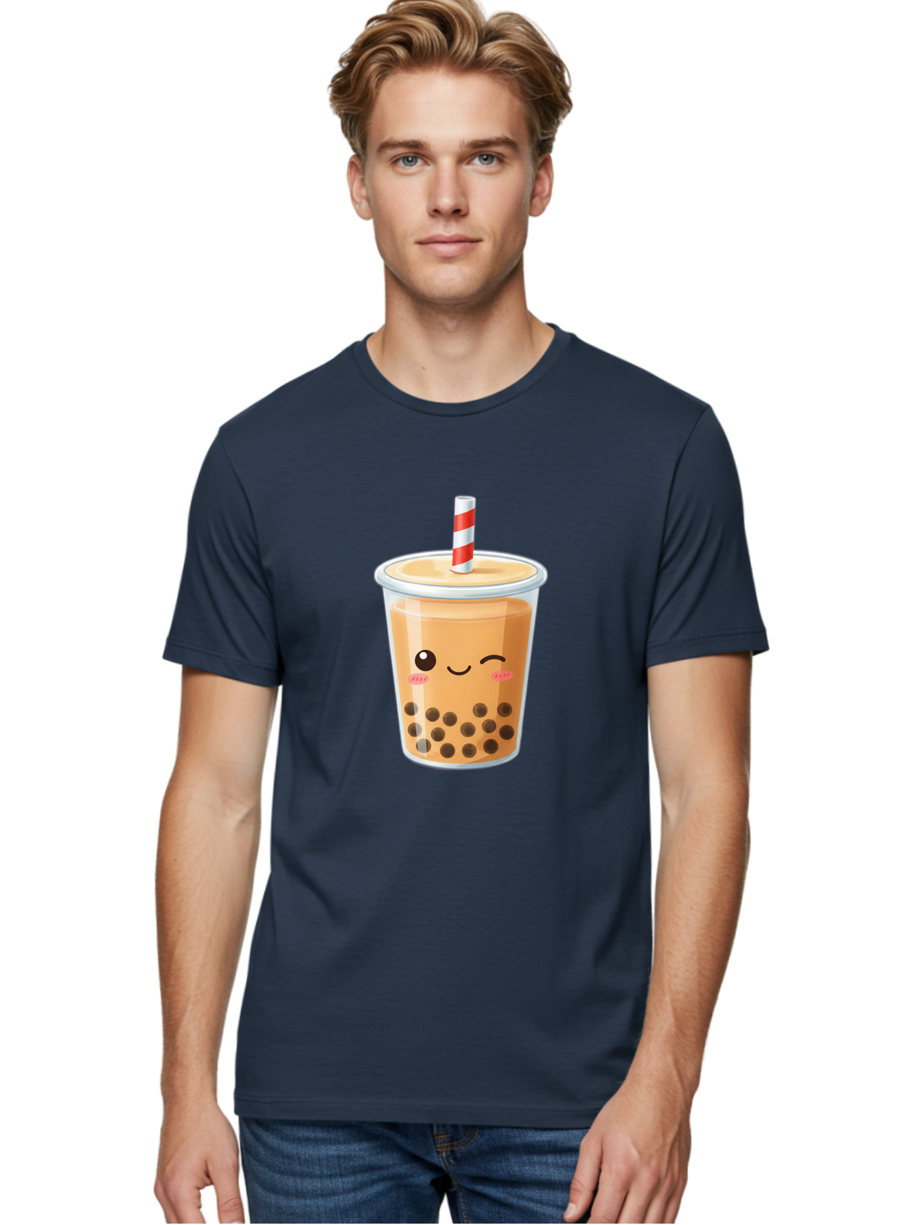 Boba-Tea-18 Men'S Graphic Tee, 100% Cotton, Comfortable Casual Summer Wear, Machine Washable, Boba Tea, Milk Tea, Cartoon Character, Cute Drink, Bubble Tea With Straw, Smiling Face, Adorable Beverage, Boba, Tea Lover Bac659