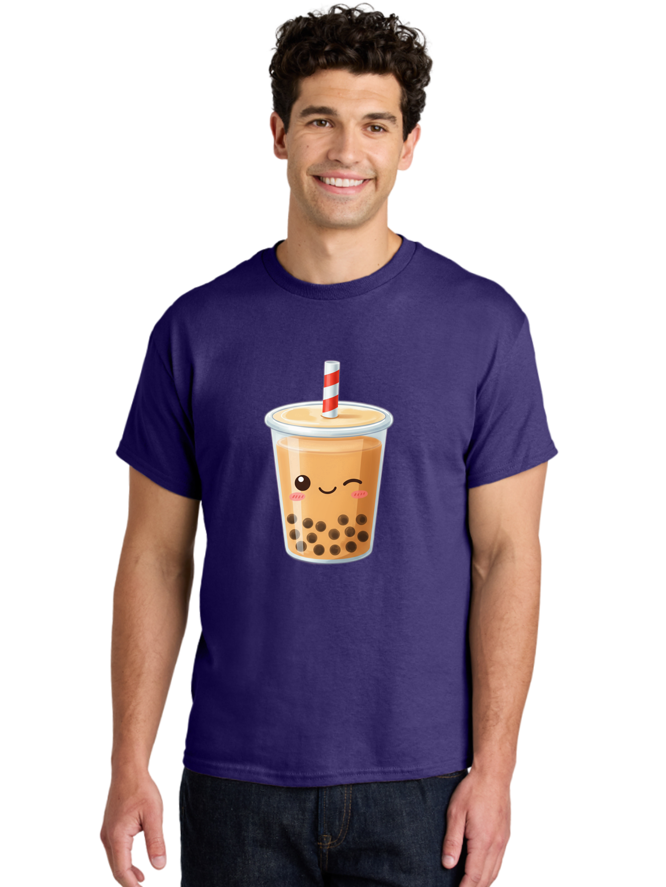 Boba-Tea-18 Men'S Graphic Tee, 100% Cotton, Comfortable Casual Summer Wear, Machine Washable, Boba Tea, Milk Tea, Cartoon Character, Cute Drink, Bubble Tea With Straw, Smiling Face, Adorable Beverage, Boba, Tea Lover Bac659