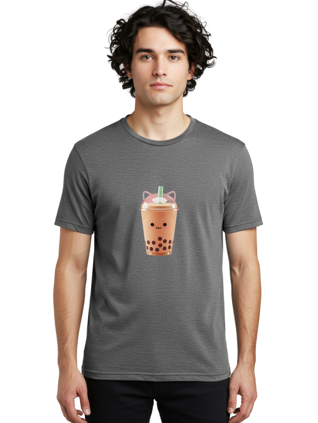 Boba-Tea-2 Men'S Graphic Tee, 100% Cotton, Comfortable Casual Summer Wear, Machine Washable, Bubble Tea, Milk Tea, Boba Drink, Cute Kawaii Design, Cartoon Face, Straw, Tapioca Pearls, Brown Bubbles, Smiling Face, Adorable Beverage, Tea Drink, Bac660
