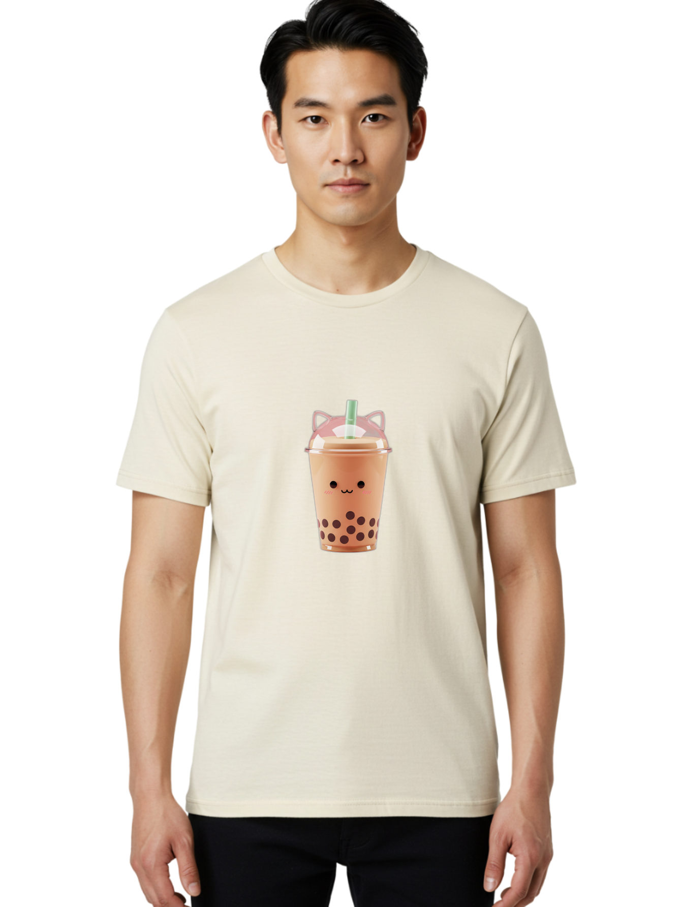 Boba-Tea-2 Men'S Graphic Tee, 100% Cotton, Comfortable Casual Summer Wear, Machine Washable, Bubble Tea, Milk Tea, Boba Drink, Cute Kawaii Design, Cartoon Face, Straw, Tapioca Pearls, Brown Bubbles, Smiling Face, Adorable Beverage, Tea Drink, Bac660