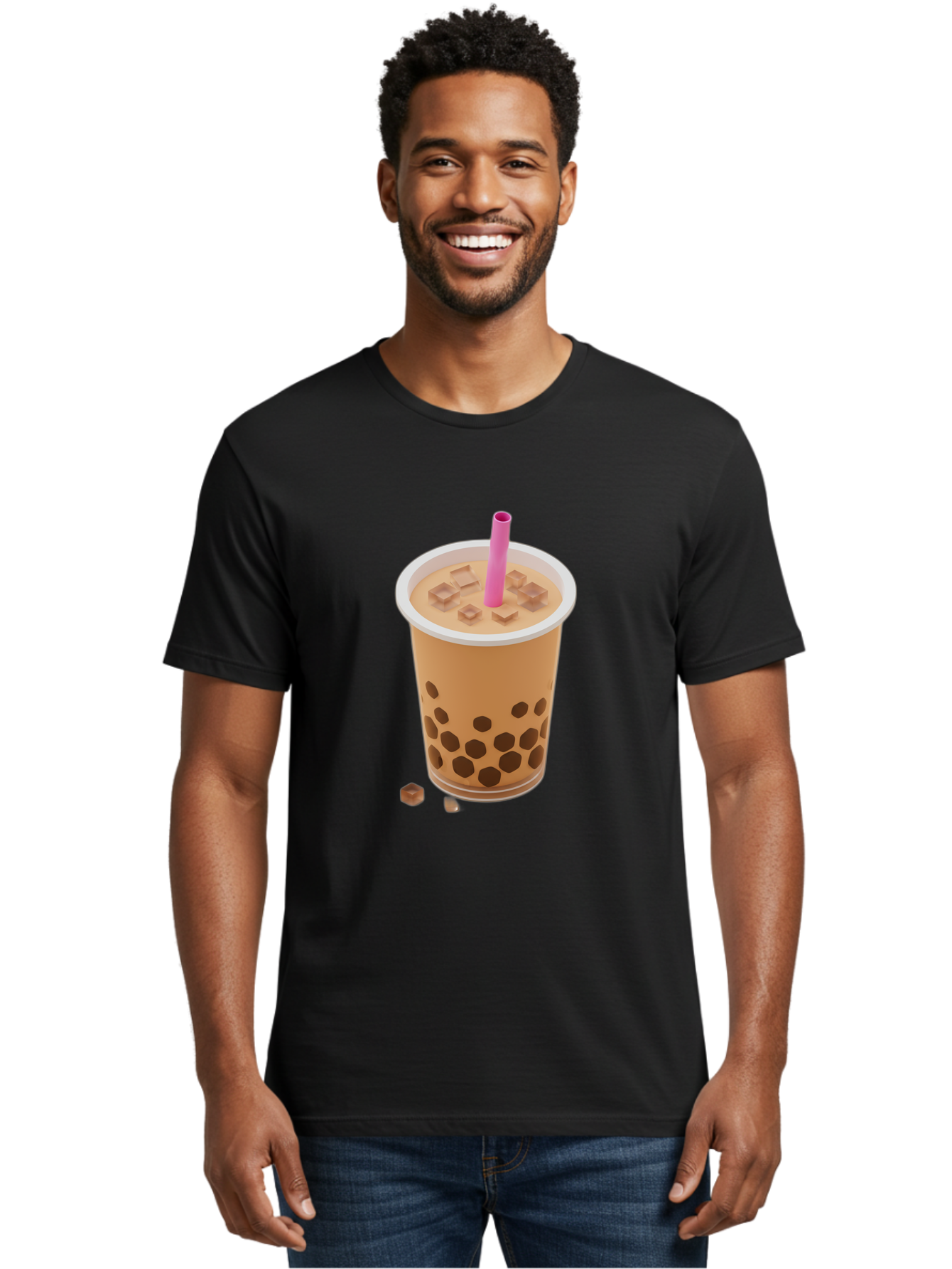 Boba-Tea-4 Men'S Graphic Tee, 100% Cotton, Comfortable Casual Summer Wear, Machine Washable, Boba Milk Tea, Bubble Tea, Milktea, Tapioca Pearls, Coffee Drink, Tea Beverage, Pink Straw, Brown Cubes, Trendy Drink, Refreshing Beverage, Bac662