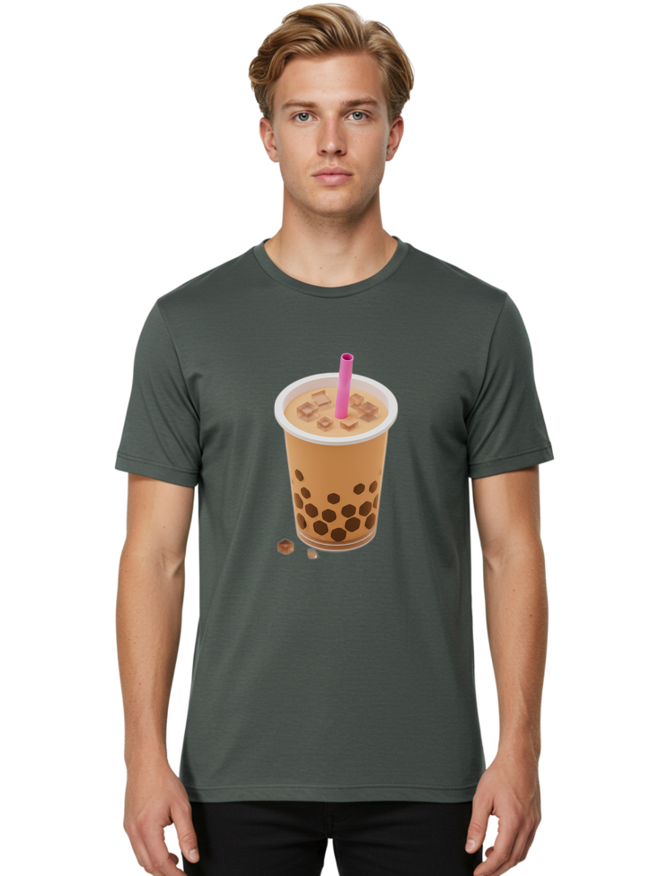 Boba-Tea-4 Men'S Graphic Tee, 100% Cotton, Comfortable Casual Summer Wear, Machine Washable, Boba Milk Tea, Bubble Tea, Milktea, Tapioca Pearls, Coffee Drink, Tea Beverage, Pink Straw, Brown Cubes, Trendy Drink, Refreshing Beverage, Bac662
