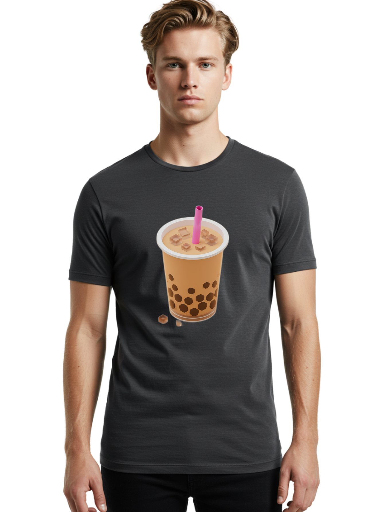 Boba-Tea-4 Men'S Graphic Tee, 100% Cotton, Comfortable Casual Summer Wear, Machine Washable, Boba Milk Tea, Bubble Tea, Milktea, Tapioca Pearls, Coffee Drink, Tea Beverage, Pink Straw, Brown Cubes, Trendy Drink, Refreshing Beverage, Bac662