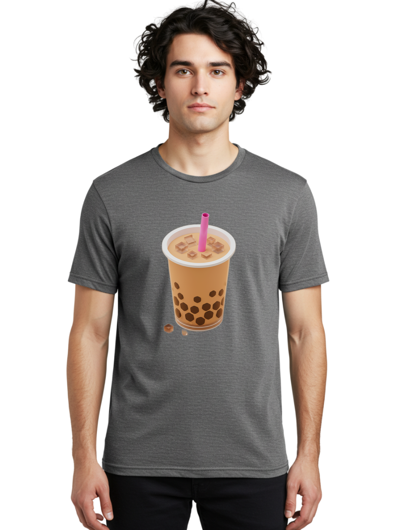 Boba-Tea-4 Men'S Graphic Tee, 100% Cotton, Comfortable Casual Summer Wear, Machine Washable, Boba Milk Tea, Bubble Tea, Milktea, Tapioca Pearls, Coffee Drink, Tea Beverage, Pink Straw, Brown Cubes, Trendy Drink, Refreshing Beverage, Bac662