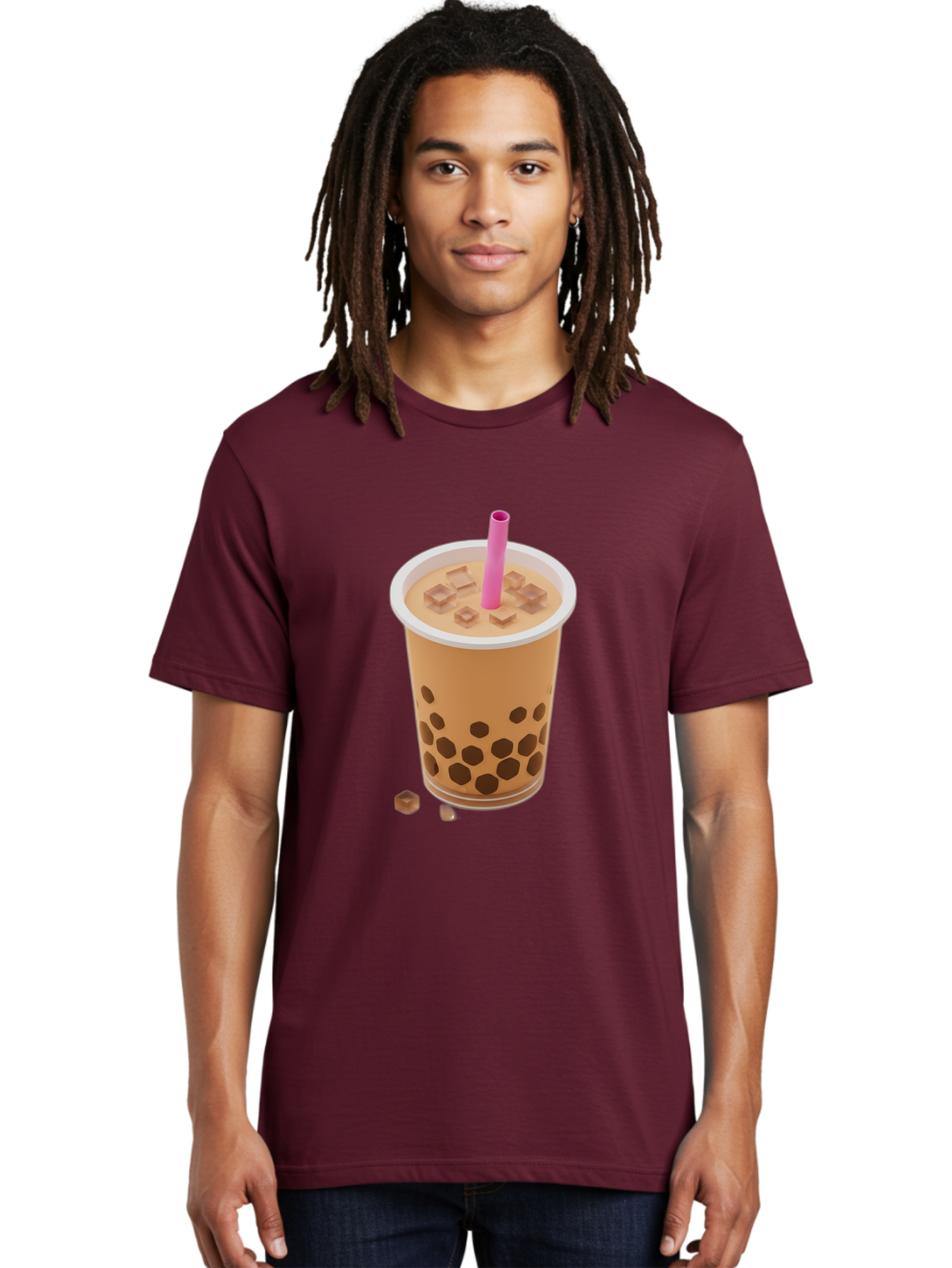 Boba-Tea-4 Men'S Graphic Tee, 100% Cotton, Comfortable Casual Summer Wear, Machine Washable, Boba Milk Tea, Bubble Tea, Milktea, Tapioca Pearls, Coffee Drink, Tea Beverage, Pink Straw, Brown Cubes, Trendy Drink, Refreshing Beverage, Bac662