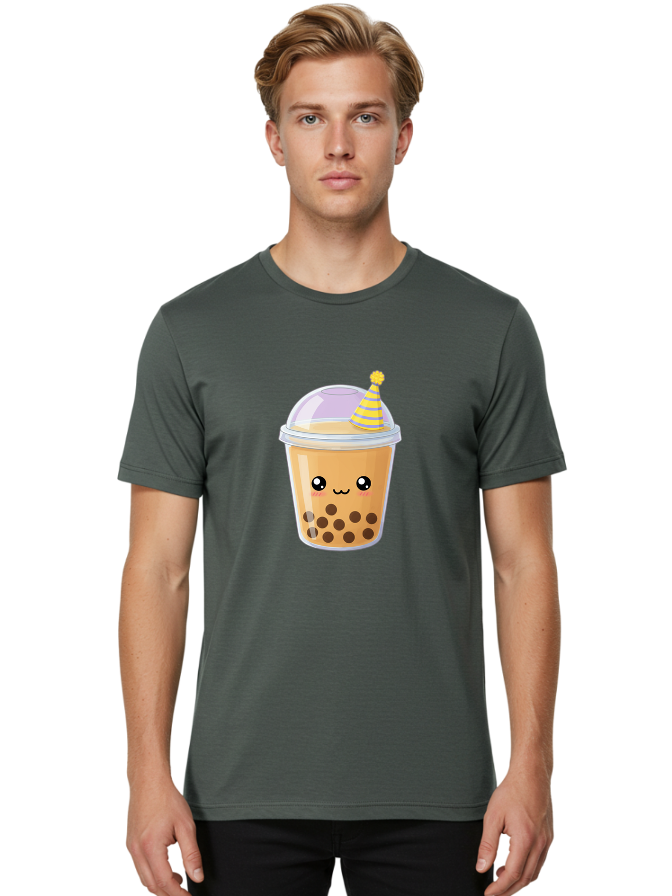 Boba-Tea-6 Men'S Graphic Tee, 100% Cotton, Comfortable Casual Summer Wear, Machine Washable, Bubble Tea, Boba Drink, Cartoon Character, Party Hat, Smiling Face, Tea Bubbles, Festive Drink, Cute Illustration, Kawaii Culture Bac664