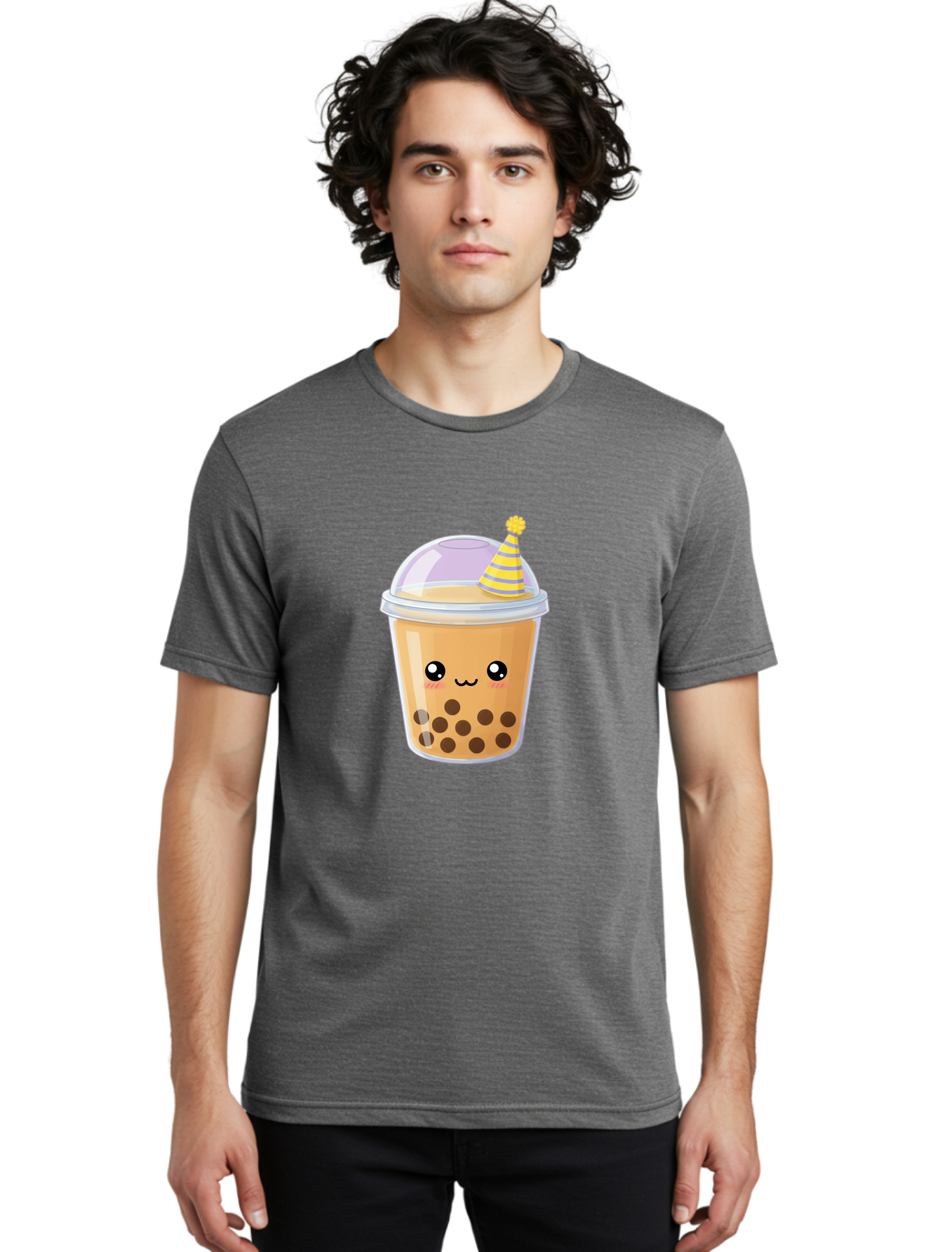 Boba-Tea-6 Men'S Graphic Tee, 100% Cotton, Comfortable Casual Summer Wear, Machine Washable, Bubble Tea, Boba Drink, Cartoon Character, Party Hat, Smiling Face, Tea Bubbles, Festive Drink, Cute Illustration, Kawaii Culture Bac664