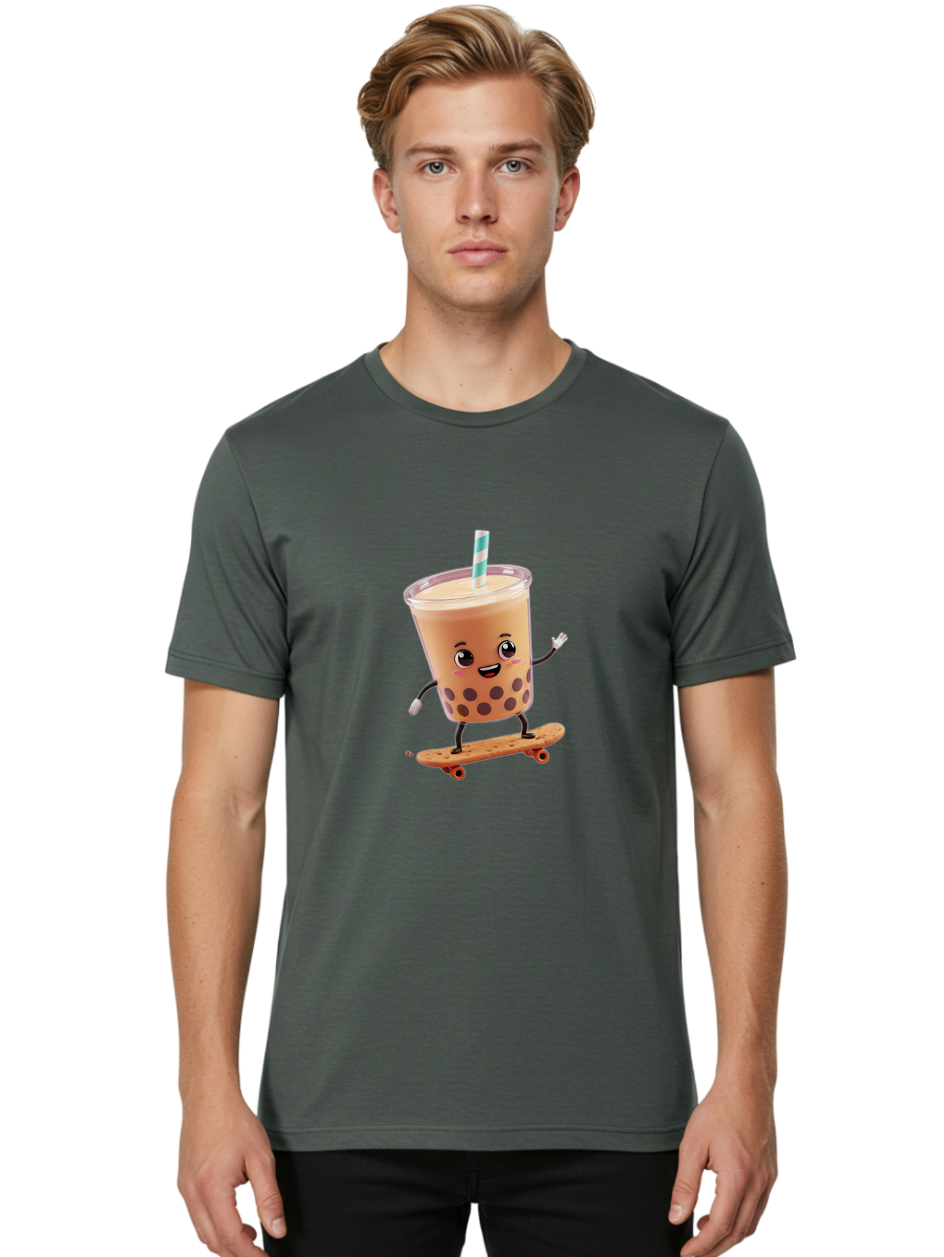 Boba-Tea-7 Men'S Graphic Tee, 100% Cotton, Comfortable Casual Summer Wear, Machine Washable, Boba Tea, Cartoon Character, Skateboarding, Fun Beverage, Playful Drink, Milk Tea, Tapioca Pearls, Smiling Face, Straw, Action Pose, Bac665