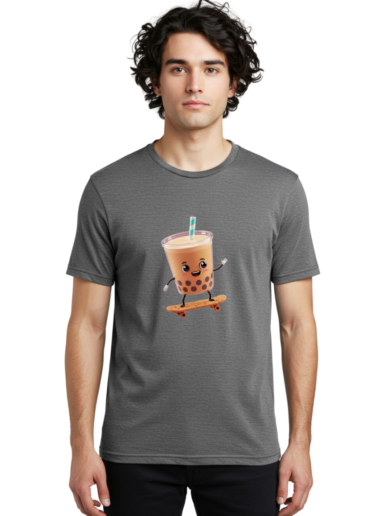 Boba-Tea-7 Men'S Graphic Tee, 100% Cotton, Comfortable Casual Summer Wear, Machine Washable, Boba Tea, Cartoon Character, Skateboarding, Fun Beverage, Playful Drink, Milk Tea, Tapioca Pearls, Smiling Face, Straw, Action Pose, Bac665