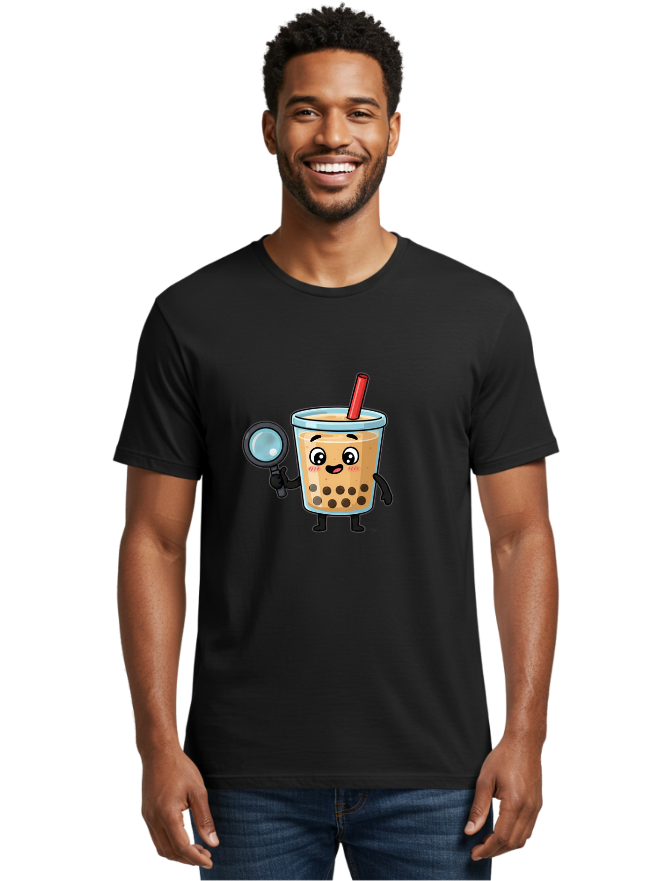 Boba-Tea-8 Men'S Graphic Tee, 100% Cotton, Comfortable Casual Summer Wear, Machine Washable, Boba Tea Character, Cartoon Bubble Tea, Kawaii Boba, Magnifying Glass, Detective Tea, Cute Drink, Bubble Tea Mascot, Tea With Straw, Bac666