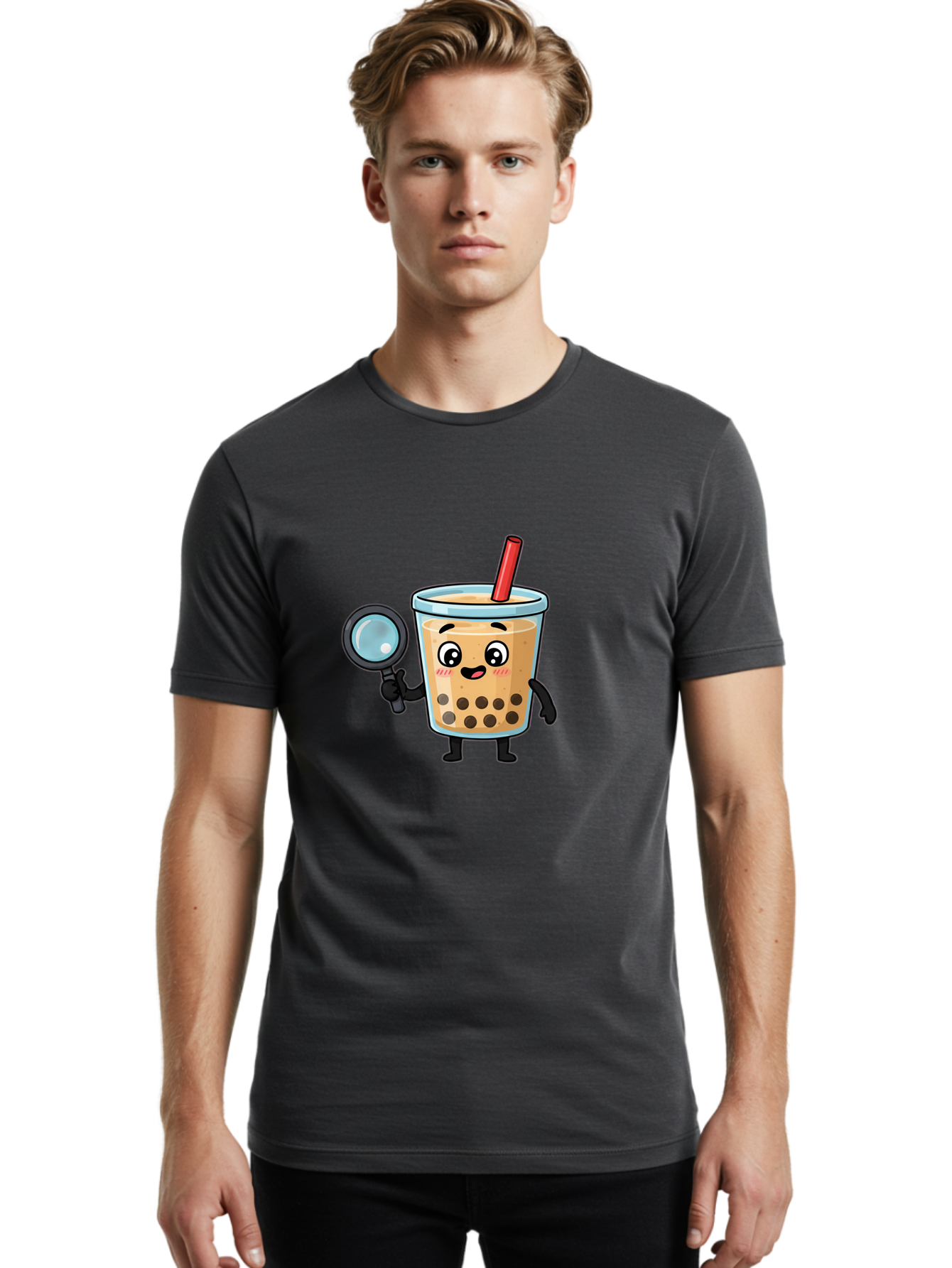Boba-Tea-8 Men'S Graphic Tee, 100% Cotton, Comfortable Casual Summer Wear, Machine Washable, Boba Tea Character, Cartoon Bubble Tea, Kawaii Boba, Magnifying Glass, Detective Tea, Cute Drink, Bubble Tea Mascot, Tea With Straw, Bac666