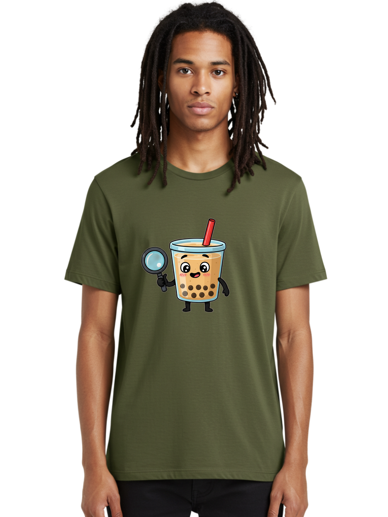 Boba-Tea-8 Men'S Graphic Tee, 100% Cotton, Comfortable Casual Summer Wear, Machine Washable, Boba Tea Character, Cartoon Bubble Tea, Kawaii Boba, Magnifying Glass, Detective Tea, Cute Drink, Bubble Tea Mascot, Tea With Straw, Bac666