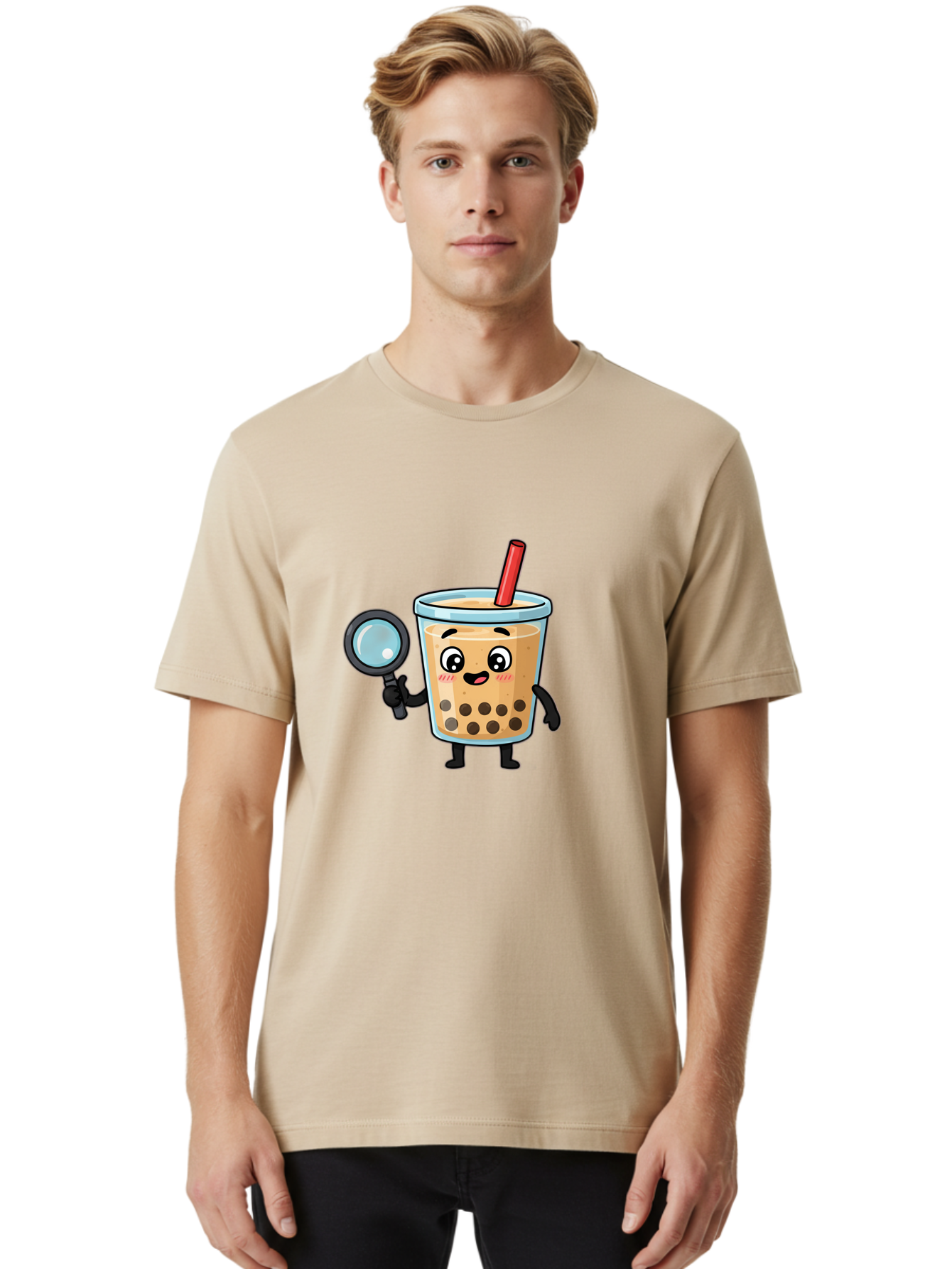 Boba-Tea-8 Men'S Graphic Tee, 100% Cotton, Comfortable Casual Summer Wear, Machine Washable, Boba Tea Character, Cartoon Bubble Tea, Kawaii Boba, Magnifying Glass, Detective Tea, Cute Drink, Bubble Tea Mascot, Tea With Straw, Bac666