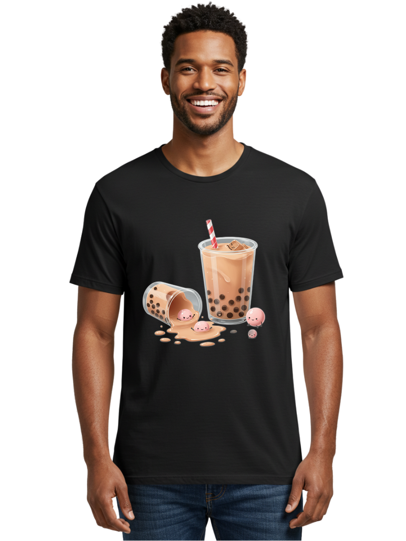 Boba-Tea-9 Men'S Graphic Tee, 100% Cotton, Comfortable Casual Summer Wear, Machine Washable, Boba Tea, Milk Tea, Bubble Tea, Tea Drink, Straw, Tapioca Pearls, Spilled Drink, Kawaii, Cute, Cartoon, Smiling Boba Bac667