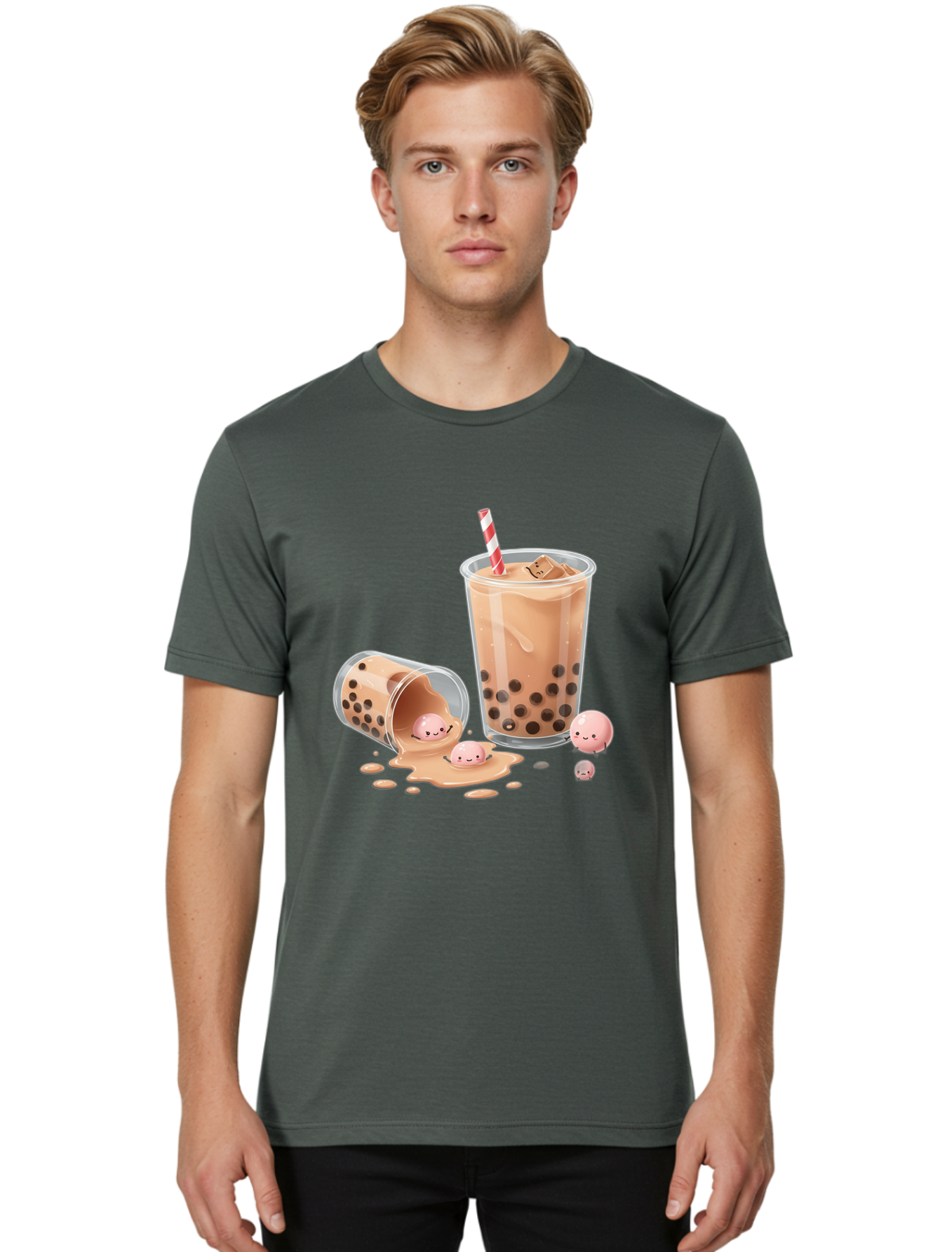 Boba-Tea-9 Men'S Graphic Tee, 100% Cotton, Comfortable Casual Summer Wear, Machine Washable, Boba Tea, Milk Tea, Bubble Tea, Tea Drink, Straw, Tapioca Pearls, Spilled Drink, Kawaii, Cute, Cartoon, Smiling Boba Bac667