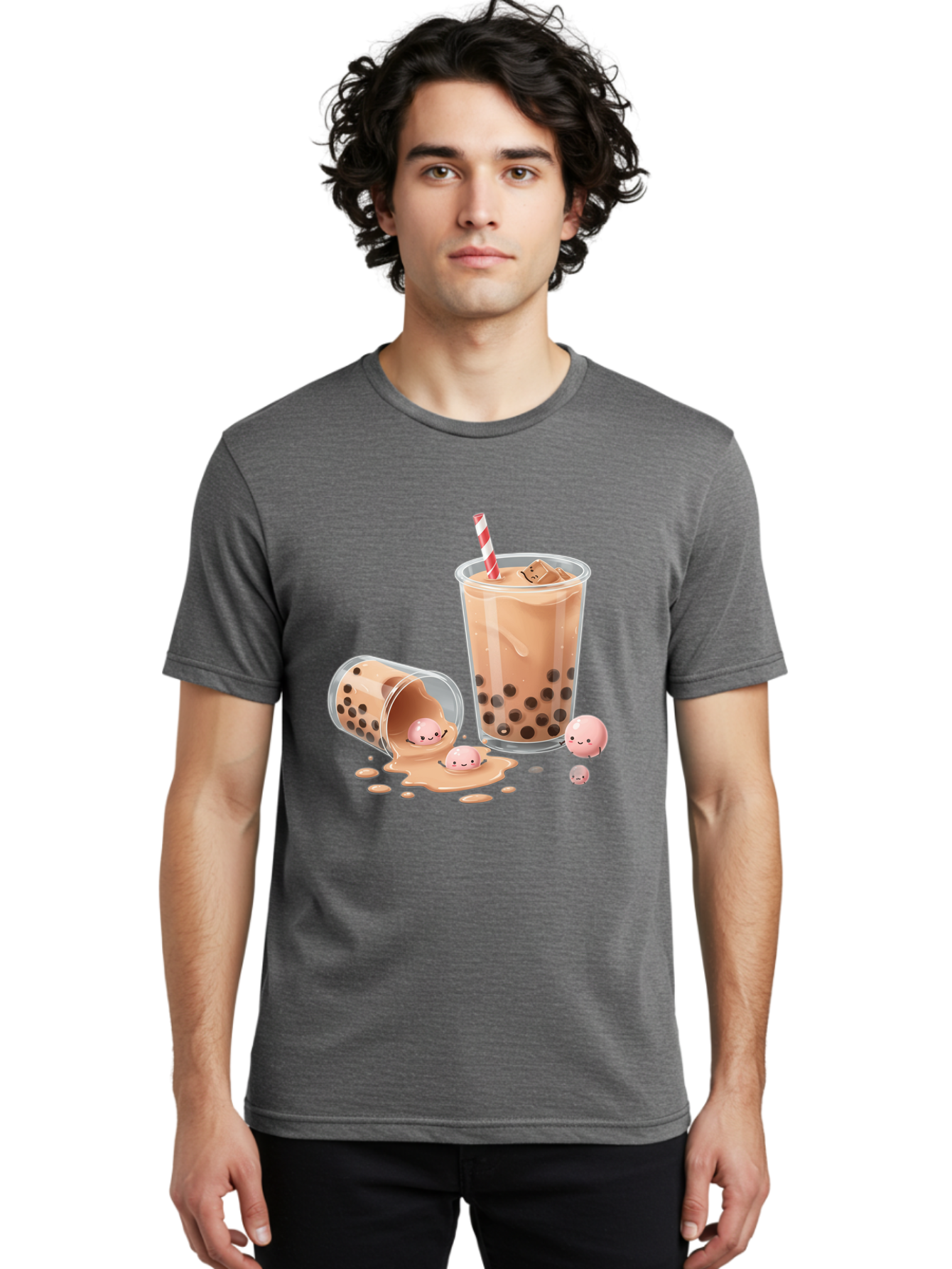 Boba-Tea-9 Men'S Graphic Tee, 100% Cotton, Comfortable Casual Summer Wear, Machine Washable, Boba Tea, Milk Tea, Bubble Tea, Tea Drink, Straw, Tapioca Pearls, Spilled Drink, Kawaii, Cute, Cartoon, Smiling Boba Bac667