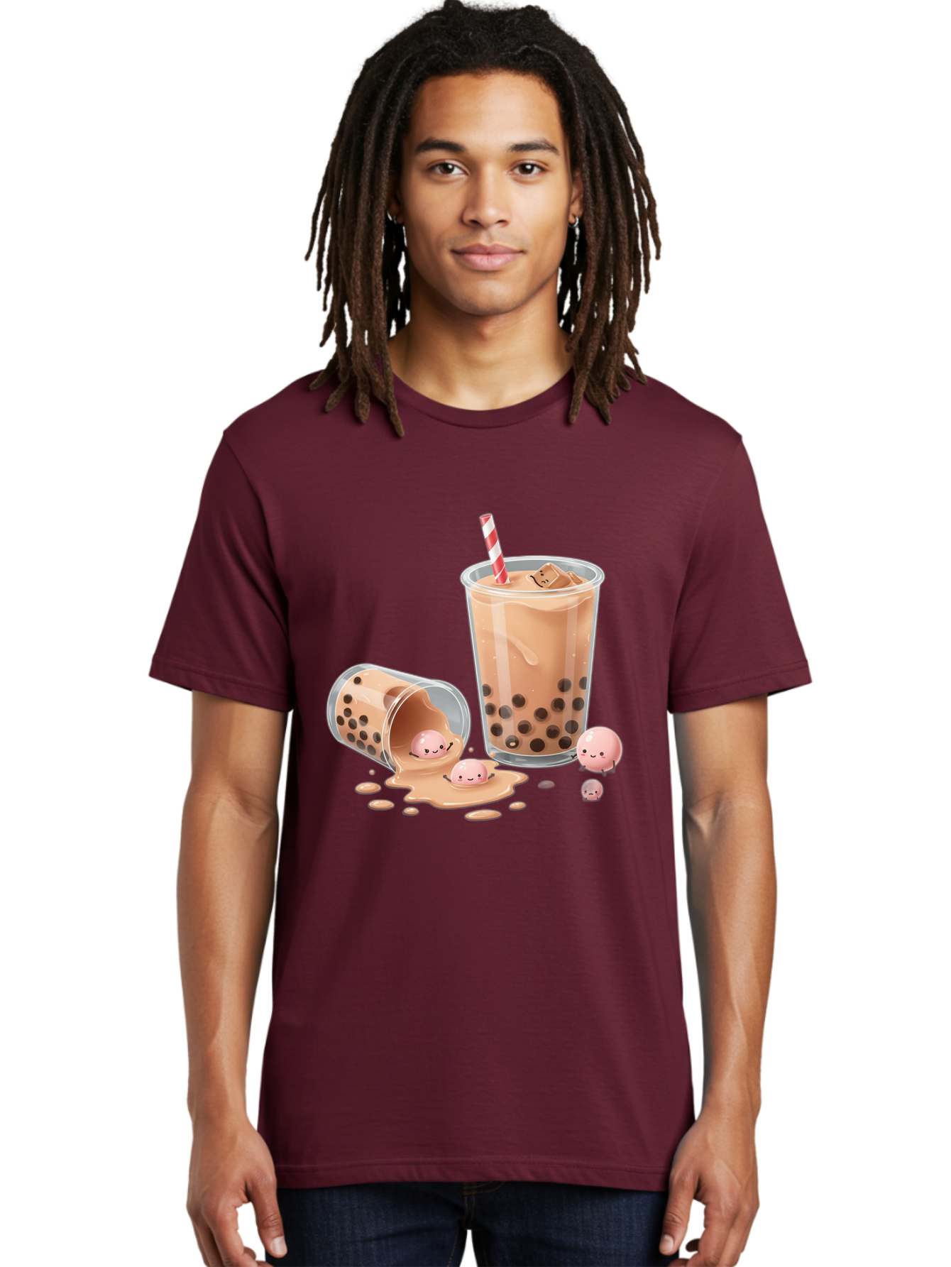 Boba-Tea-9 Men'S Graphic Tee, 100% Cotton, Comfortable Casual Summer Wear, Machine Washable, Boba Tea, Milk Tea, Bubble Tea, Tea Drink, Straw, Tapioca Pearls, Spilled Drink, Kawaii, Cute, Cartoon, Smiling Boba Bac667
